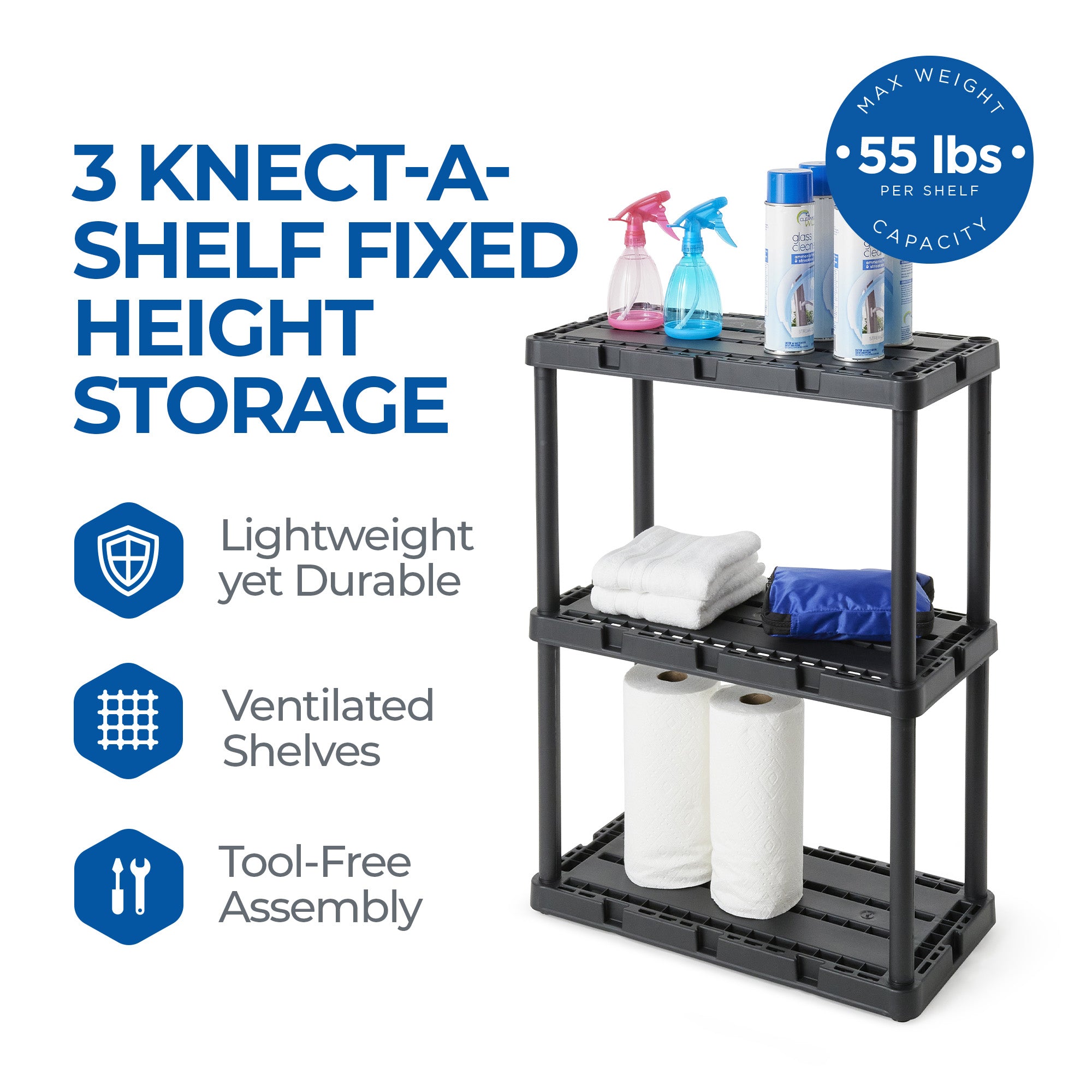 Gracious Living 3 Shelf Knect-A-Shelf Fixed Height Light Duty Storage Unit,Black - Smart-nests