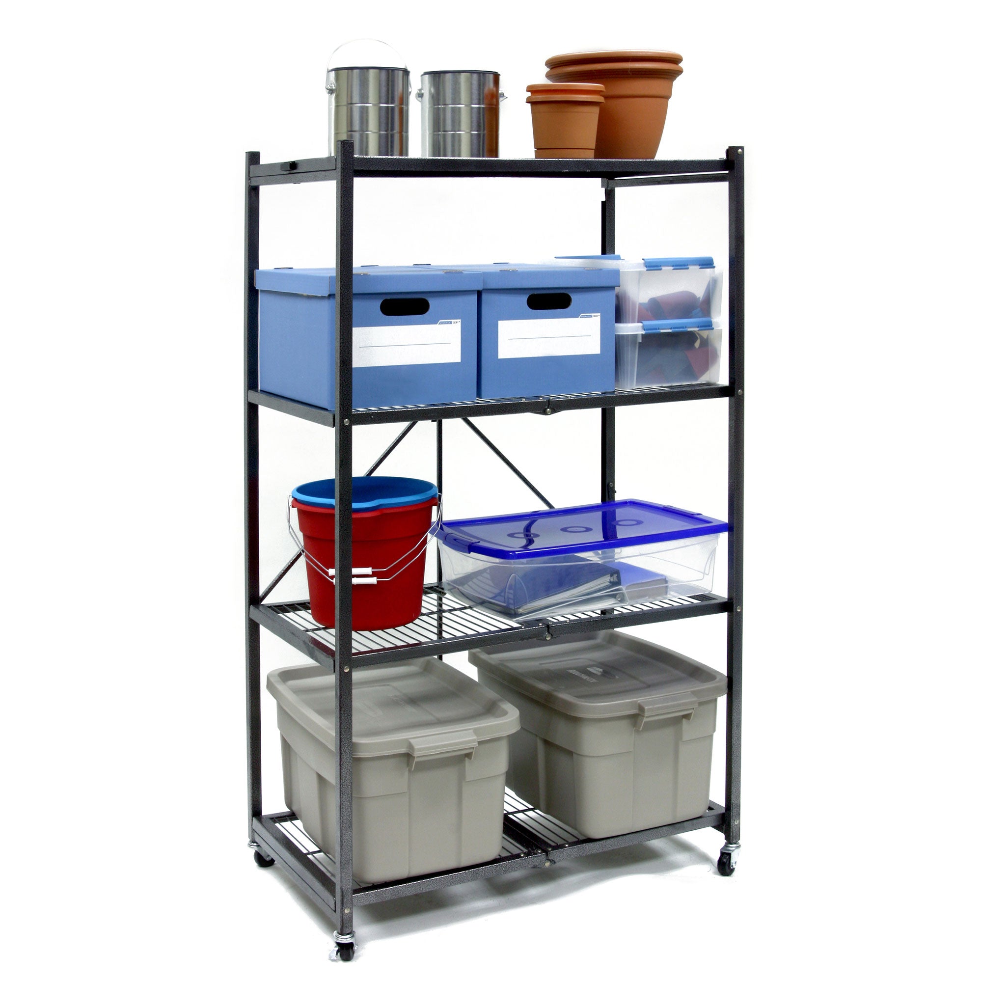 Origami 4 Tier Multipurpose Folding Storage Organizing Rack with Wheels, Gray - Smart-nests