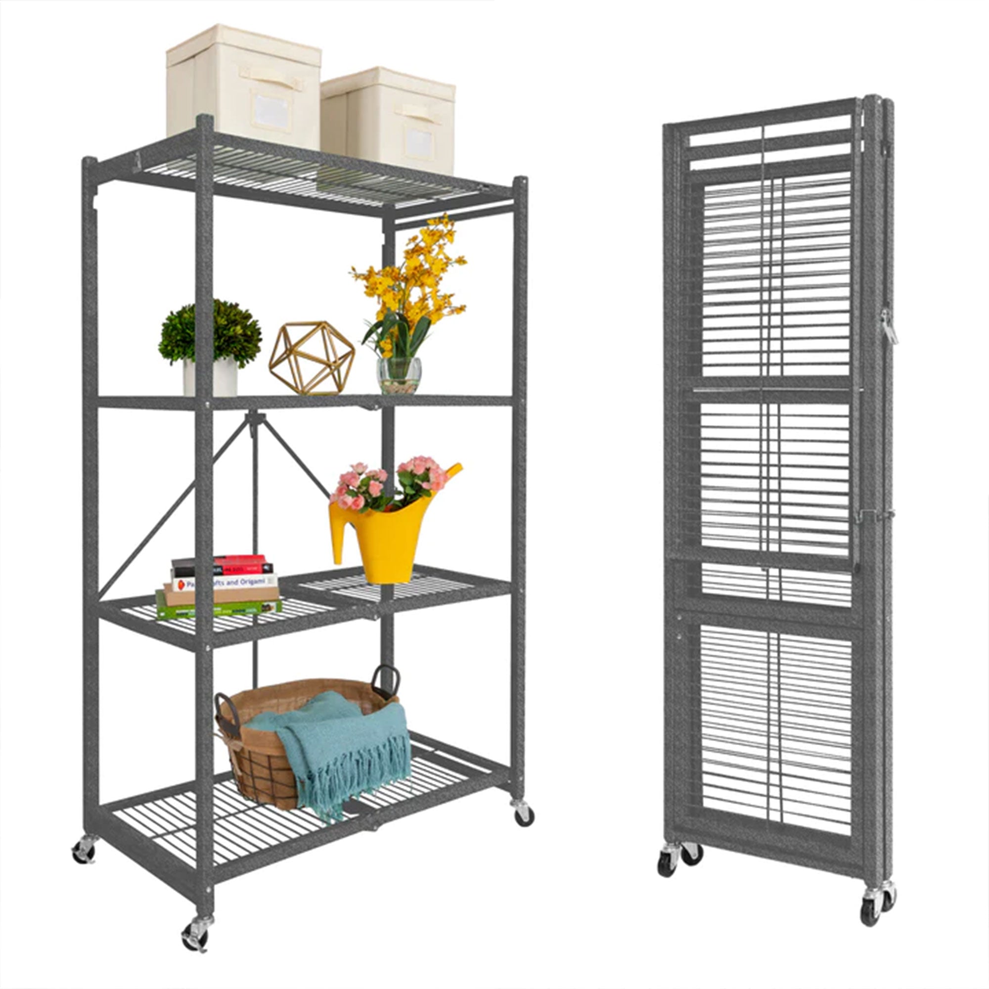 Origami 4 Tier Multipurpose Folding Storage Organizing Rack with Wheels, Gray - Smart-nests