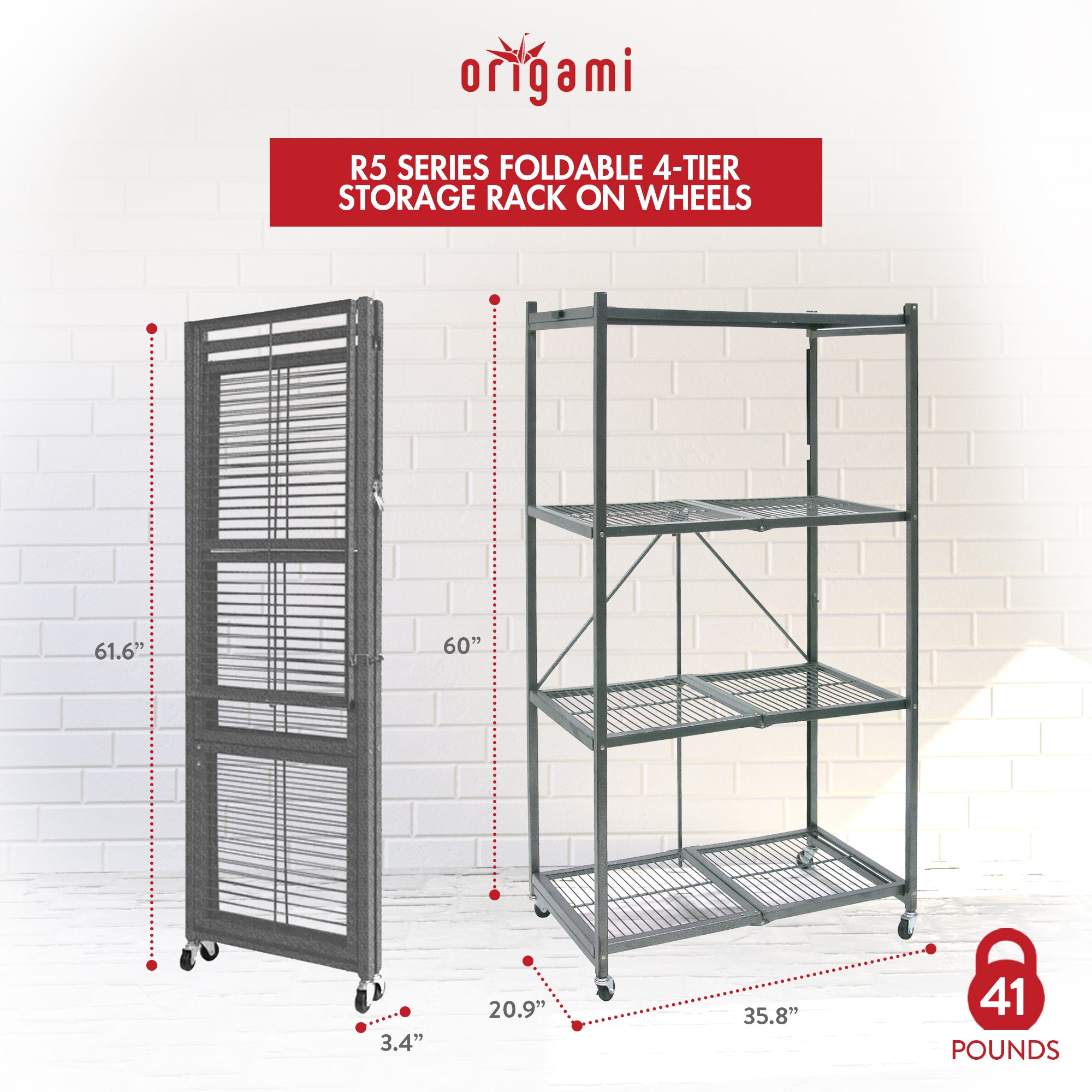 Origami 4 Tier Multipurpose Folding Storage Organizing Rack with Wheels, Gray - Smart-nests