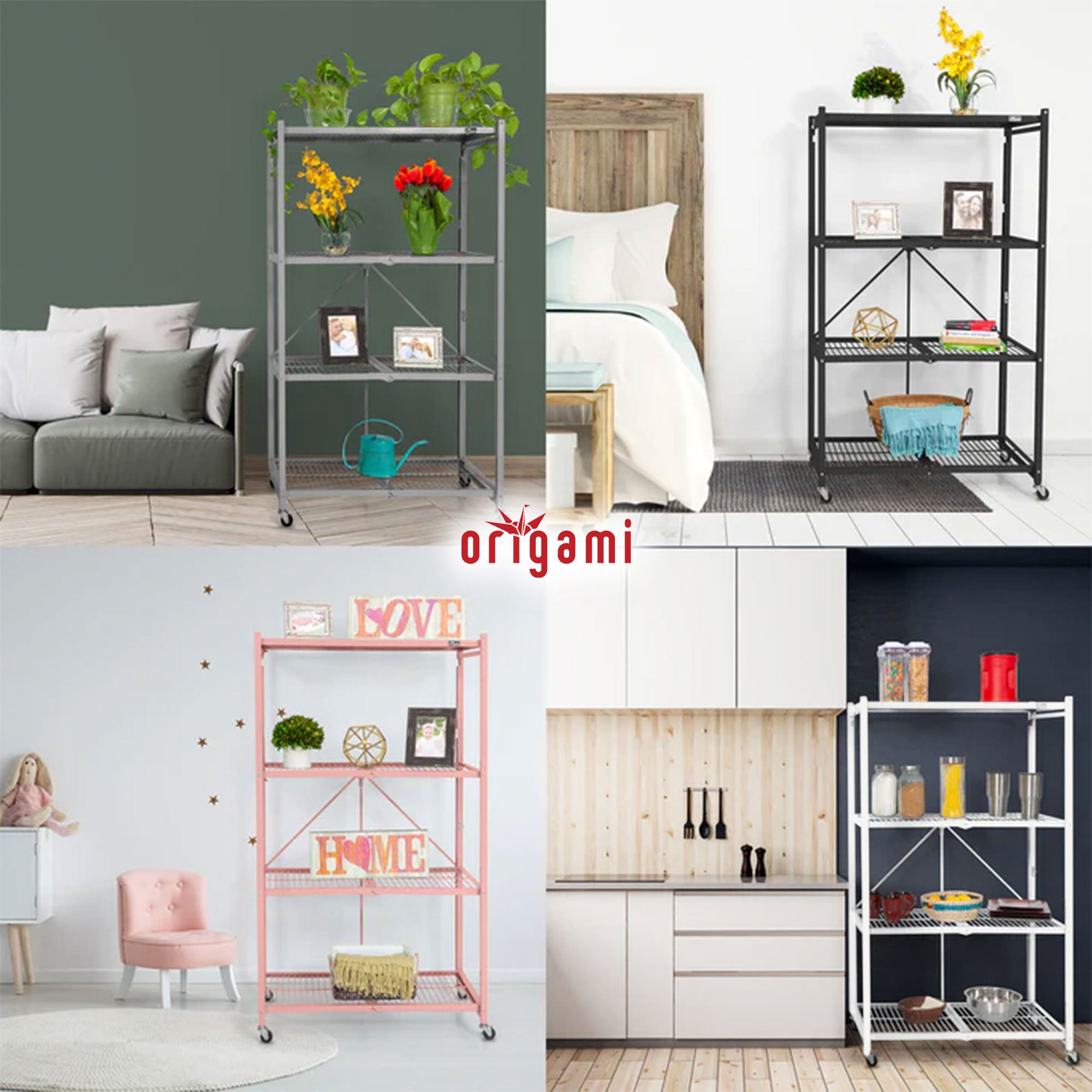 Origami 4 Tier Multipurpose Folding Storage Organizing Rack with Wheels, Gray - Smart-nests