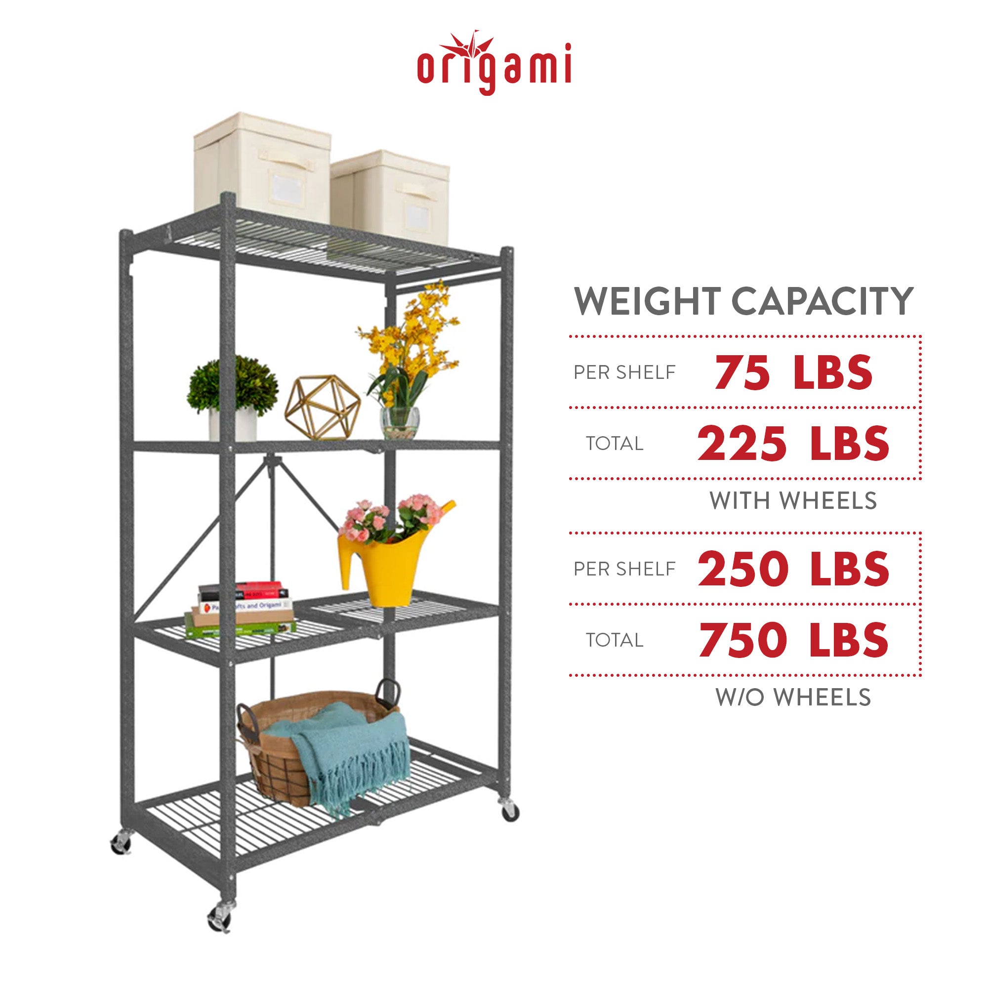 Origami 4 Tier Multipurpose Folding Storage Organizing Rack with Wheels, Gray - Smart-nests