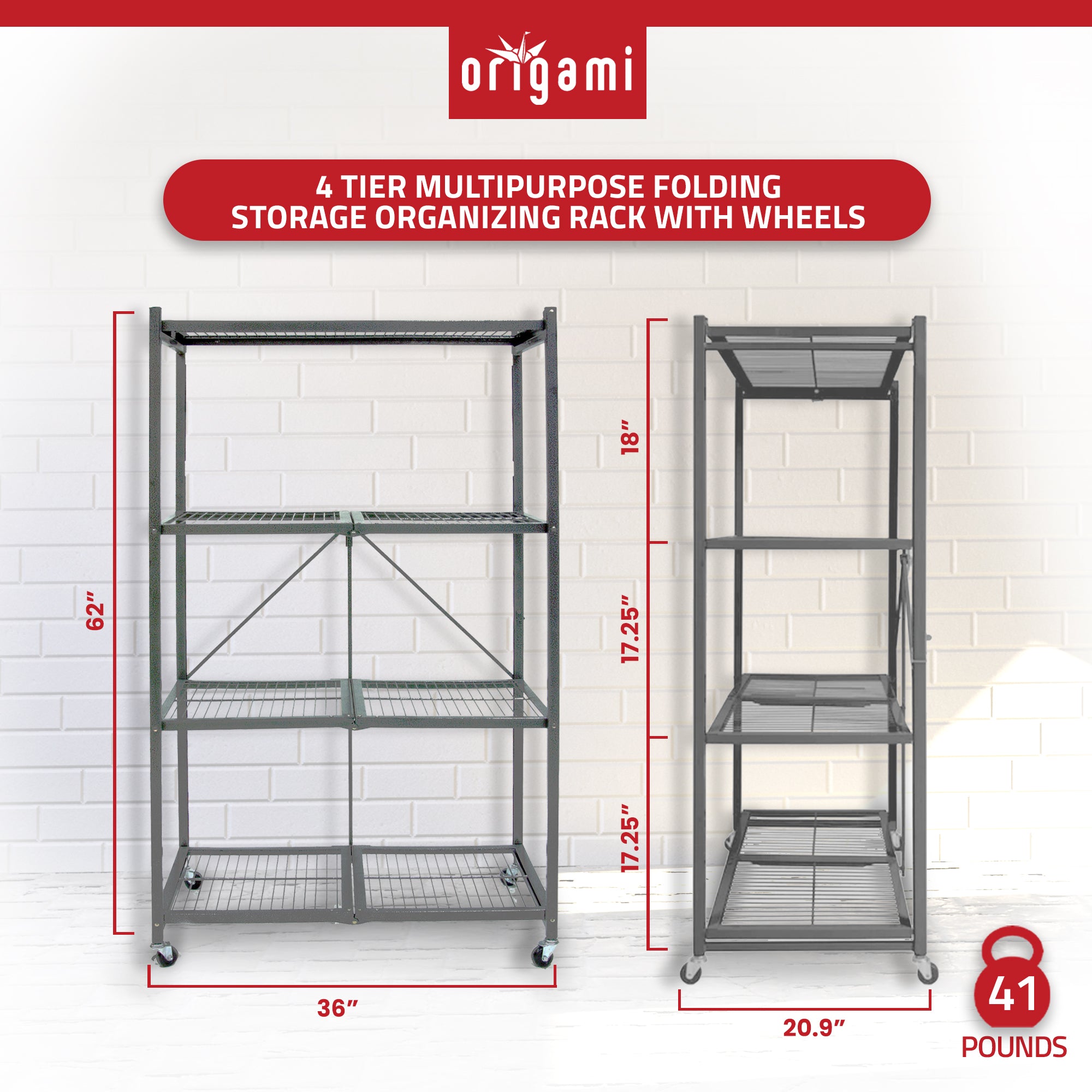 Origami 4 Tier Multipurpose Folding Storage Organizing Rack with Wheels (2 Pack) - Smart-nests