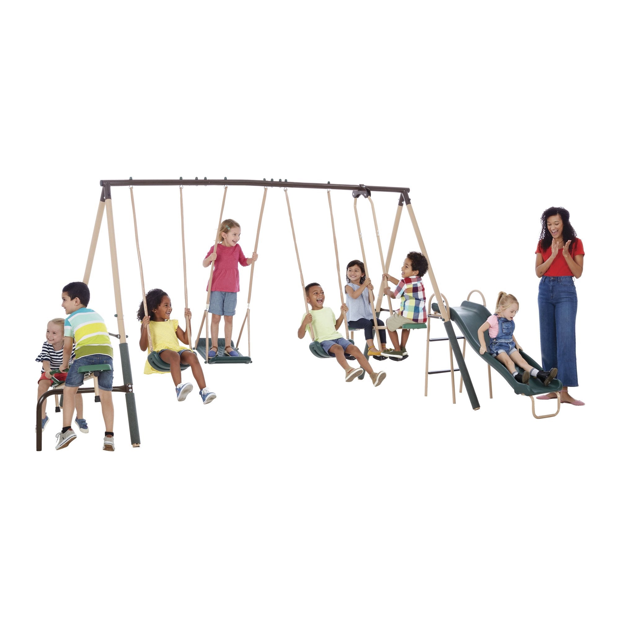 XDP Recreation Crestview Outdoor Swing Set w/ Slide, Glider, 3 Swings, & See Saw - Smart-nests