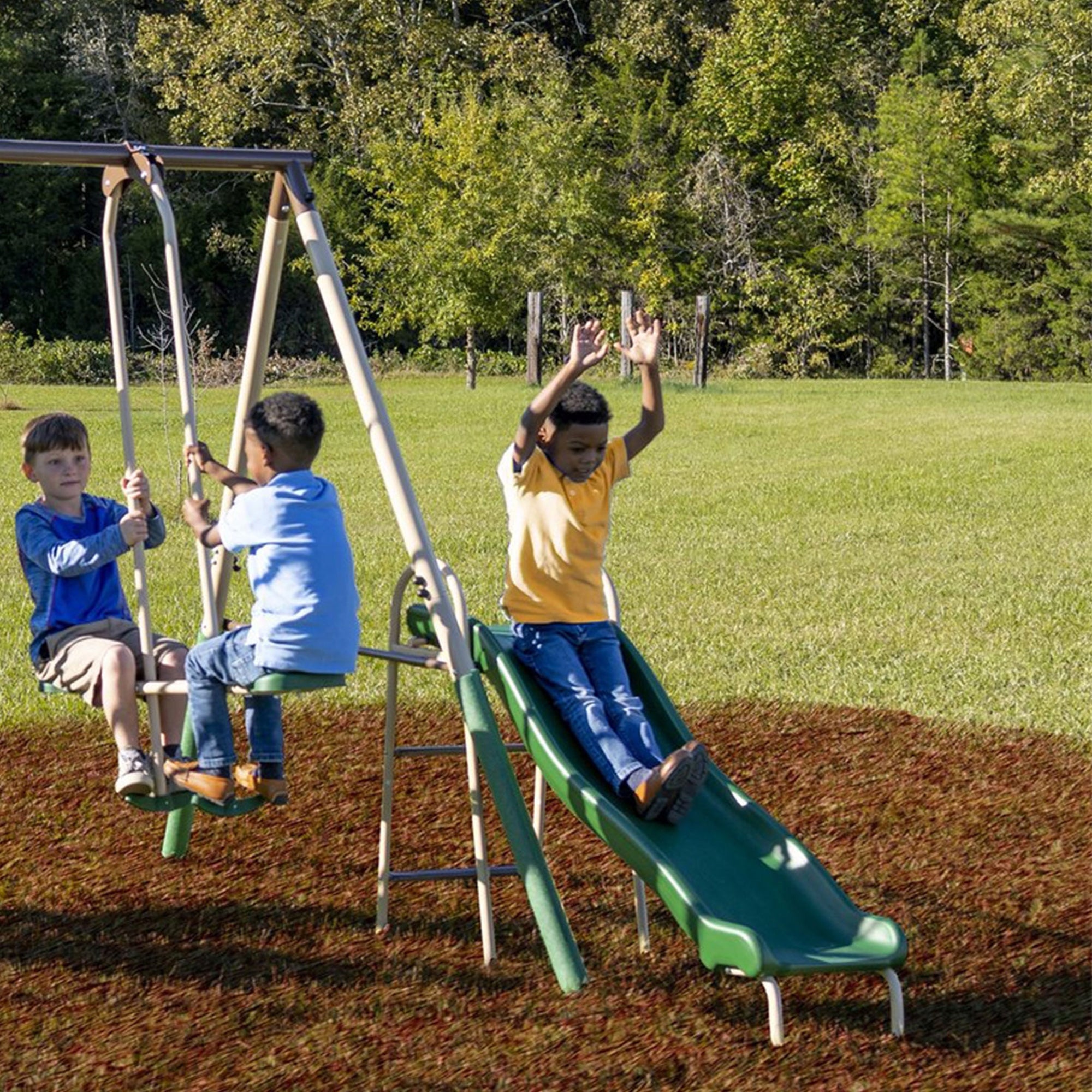 XDP Recreation Crestview Outdoor Swing Set w/ Slide, Glider, 3 Swings, & See Saw - Smart-nests