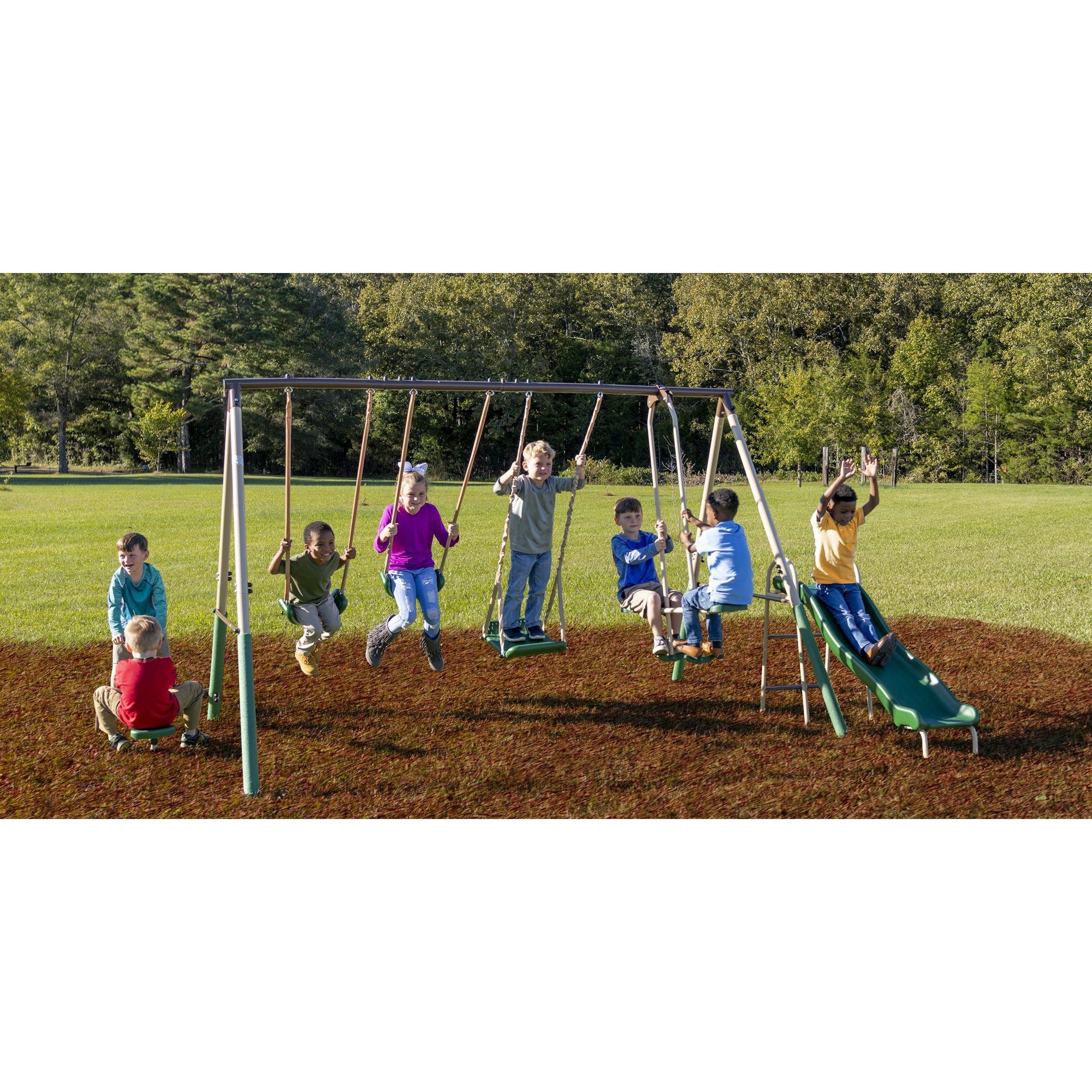 XDP Recreation Crestview Outdoor Swing Set w/ Slide, Glider, 3 Swings, & See Saw - Smart-nests