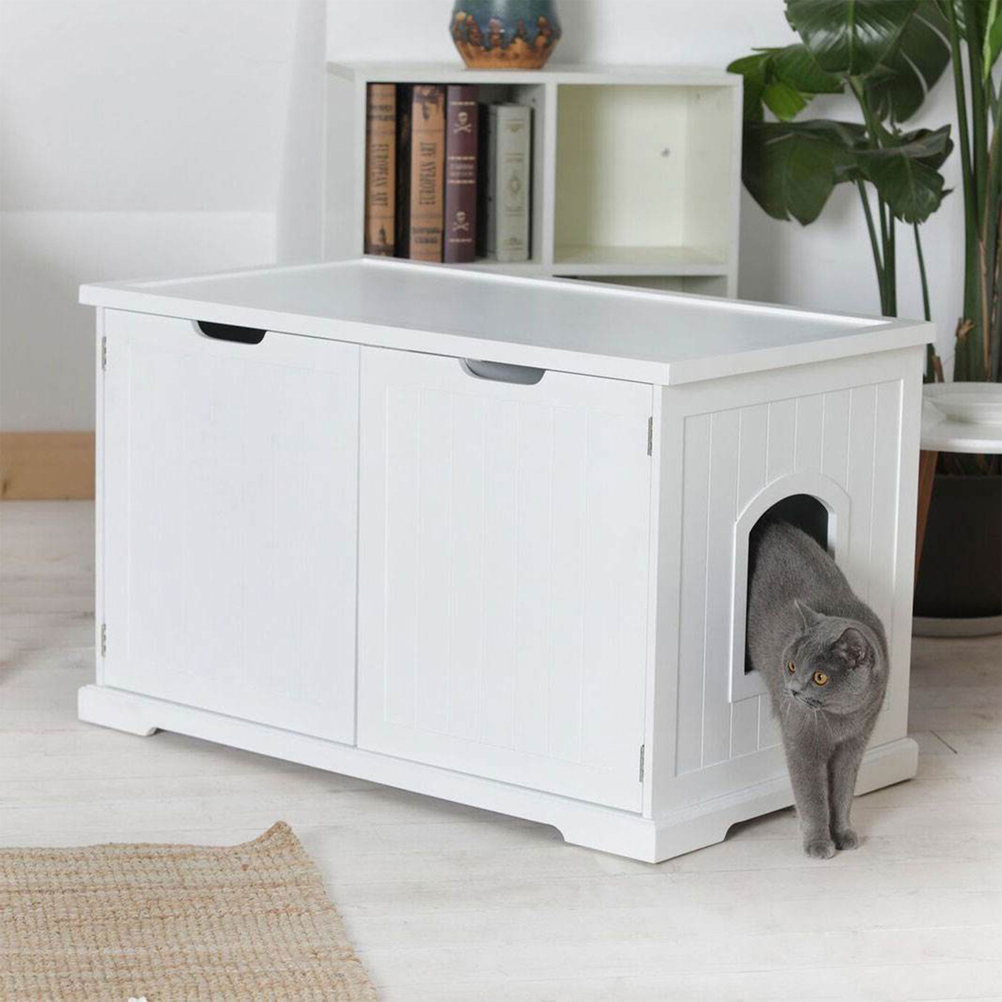 Merry Products Pet Cat Washroom Bench Box with Removable Partition Wall, White - Smart-nests