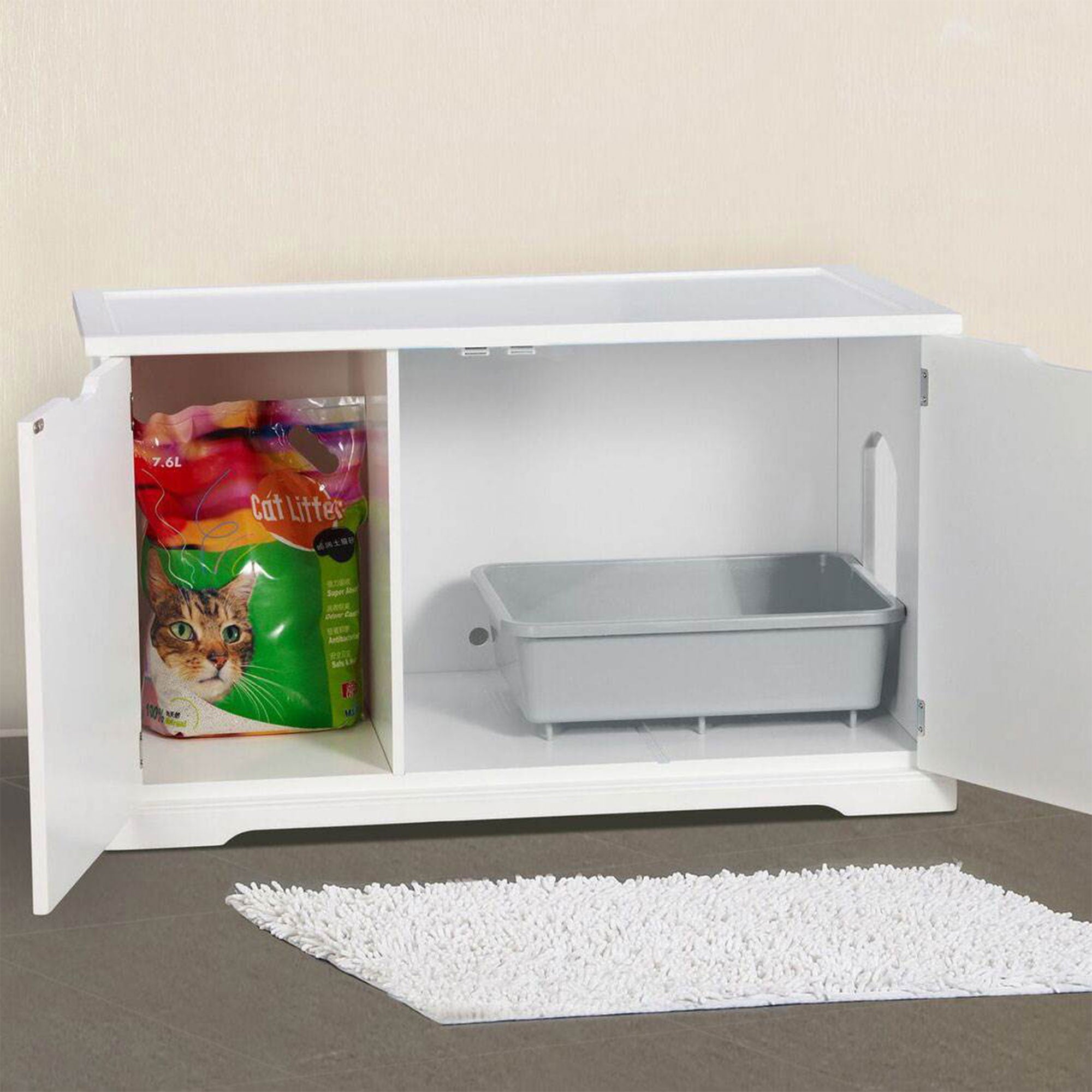 Merry Products Pet Cat Washroom Bench Box with Removable Partition Wall, White - Smart-nests