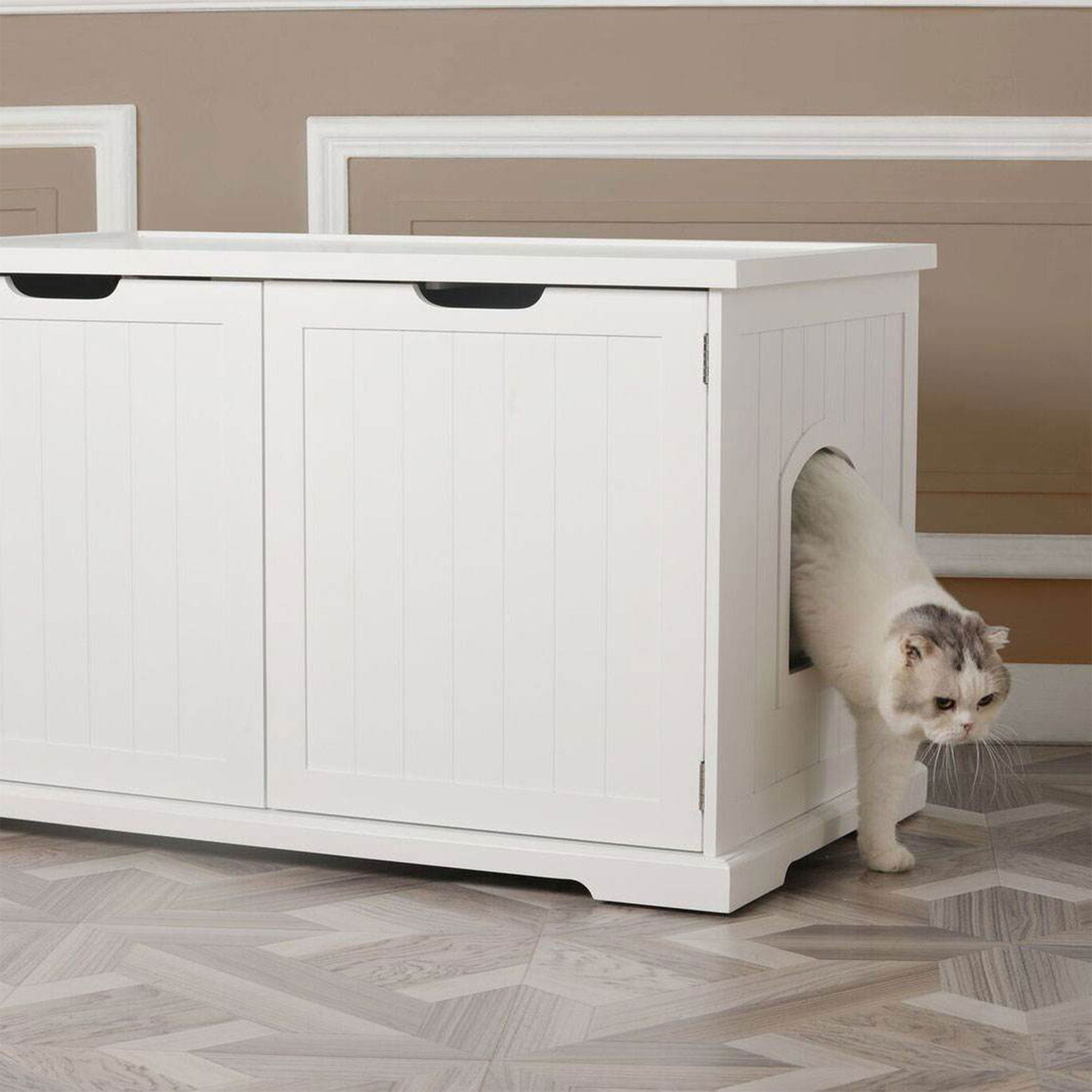 Merry Products Pet Cat Washroom Bench Box with Removable Partition Wall, White - Smart-nests