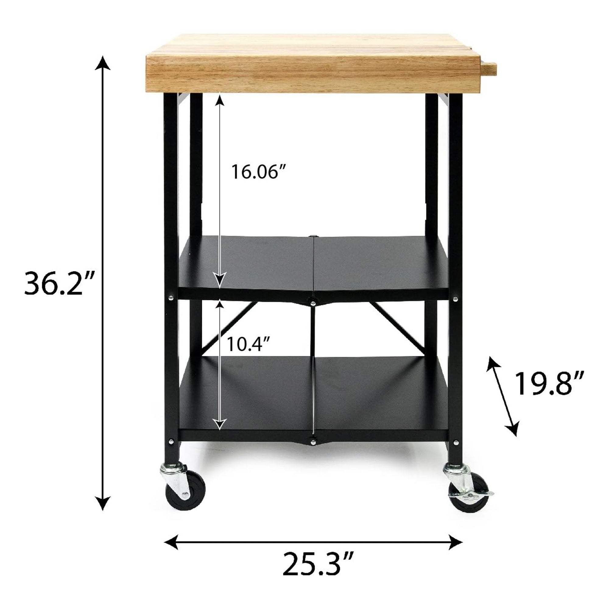 Origami Foldable Wheeled Portable Solid Wood Top Kitchen Island Bar Cart, Black