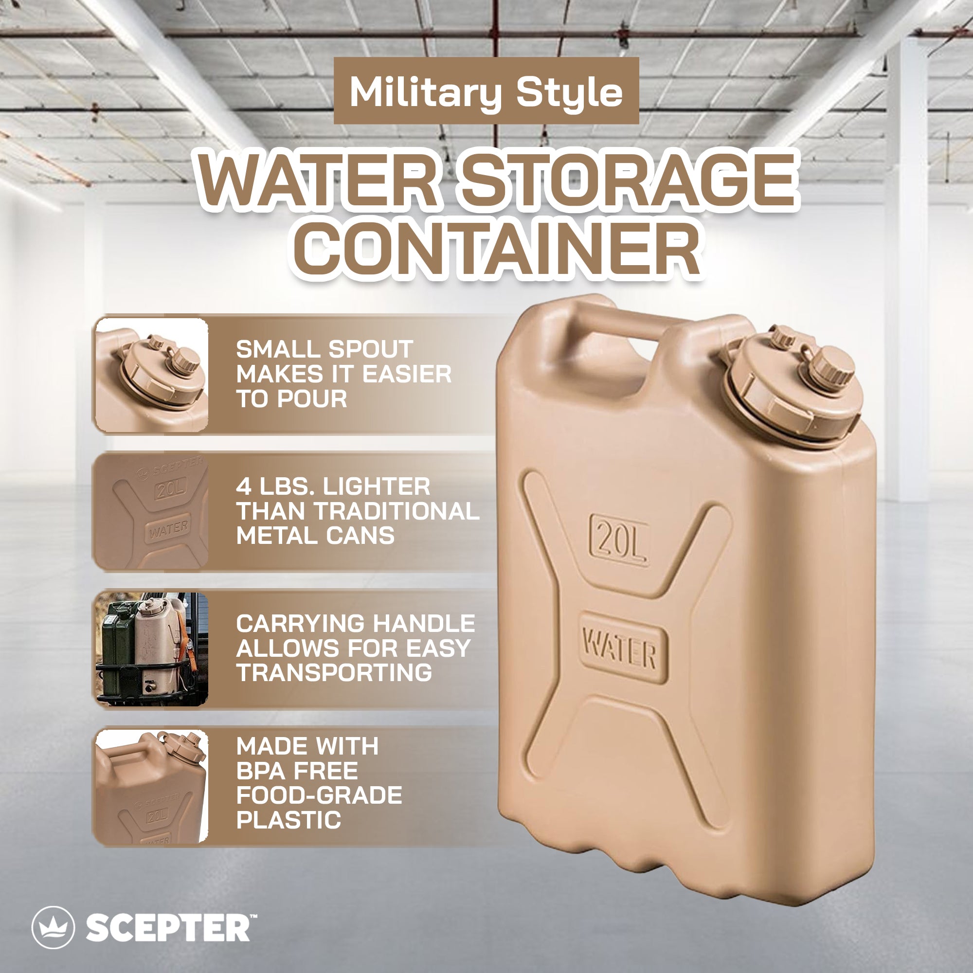 Scepter Lightweight BPA 5 Gallon 20 Liter Portable Water Storage Container, Sand