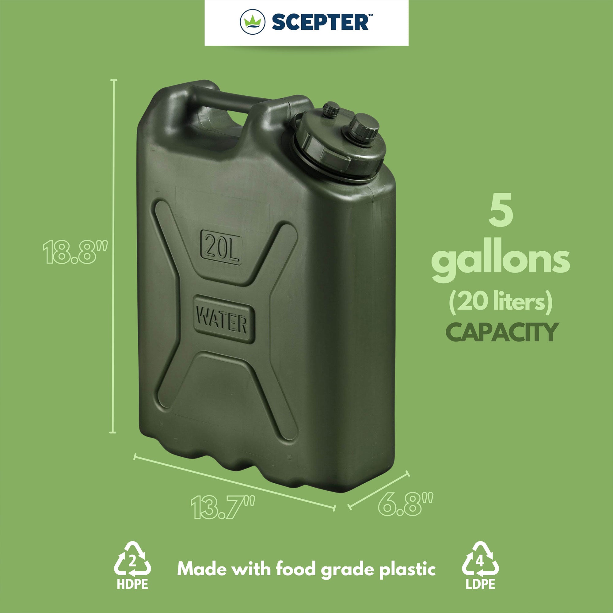Scepter BPA Durable 5 Gallon 20 Liter Portable Water Storage Container, Green - Smart-nests