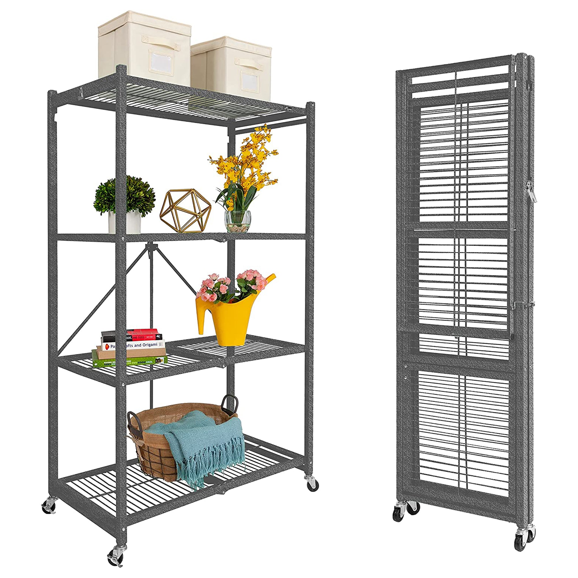 Origami 4 Tier Multipurpose Folding Storage Organizing Rack with Wheels (2 Pack) - Smart-nests