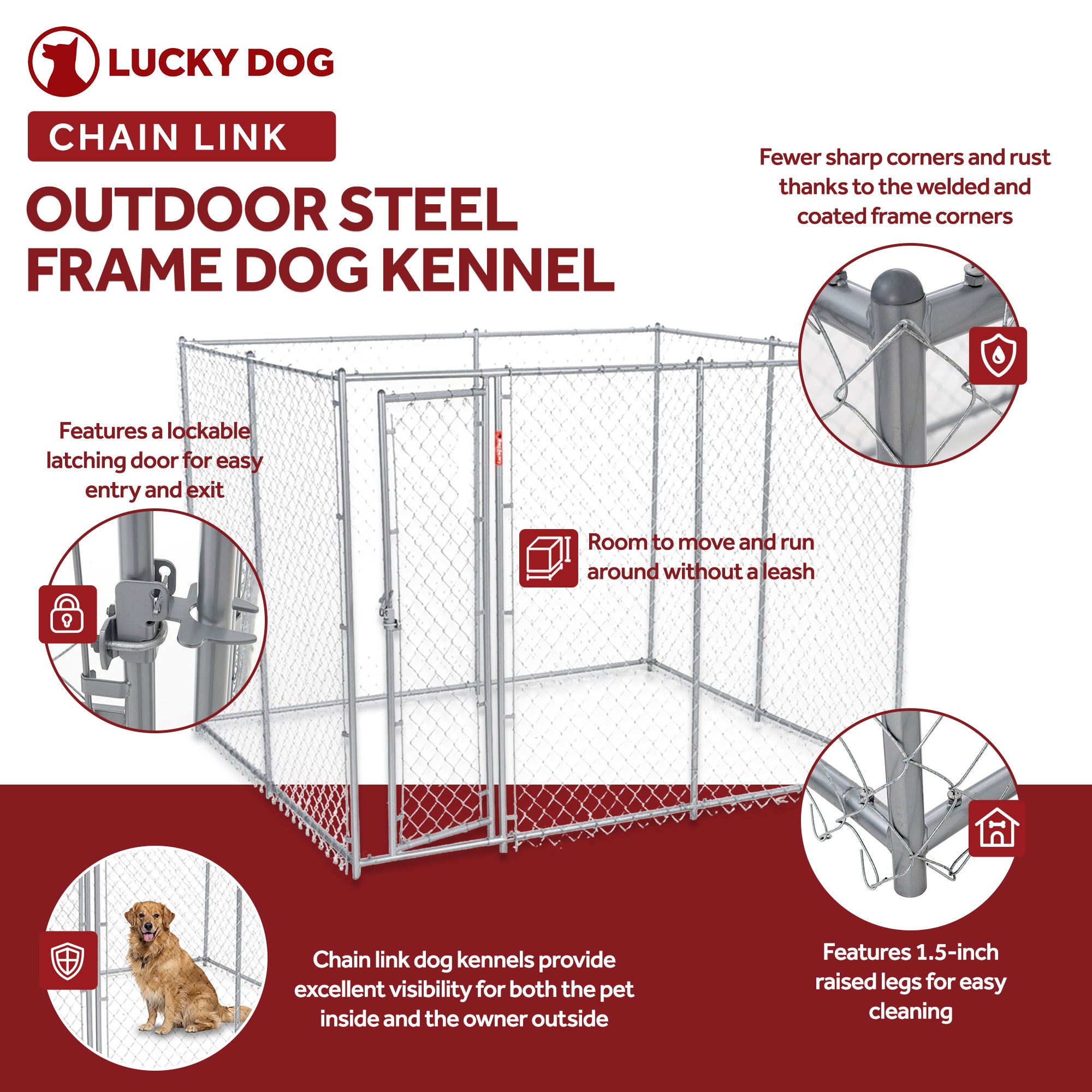 Lucky Dog Adjustable 10' x 5' x 6' Heavy Duty Chain Link Dog Kennel Enclosure - Smart-nests