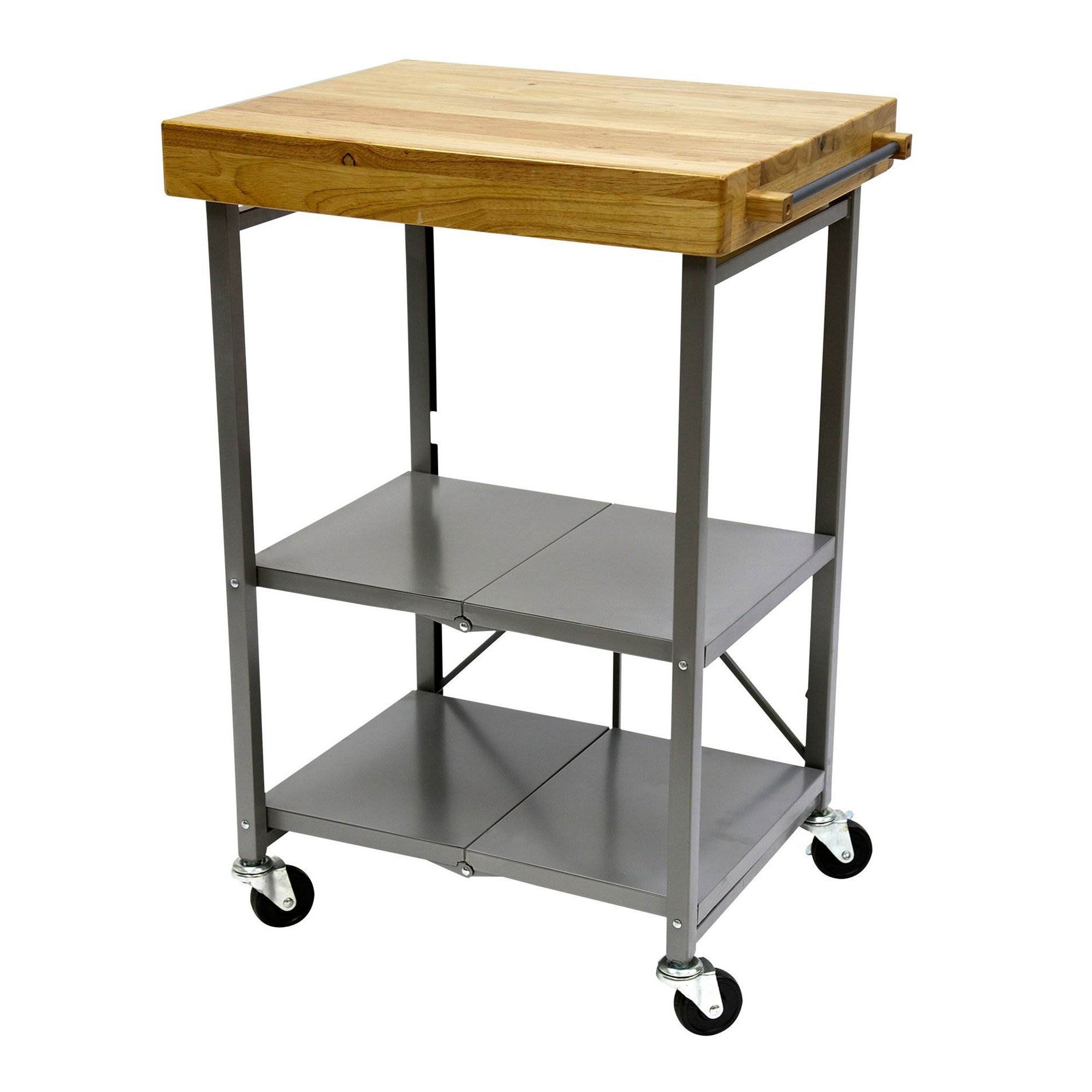 Origami Foldable Wheeled Portable Solid Wood Top Kitchen Island Bar Cart, Silver - Smart-nests