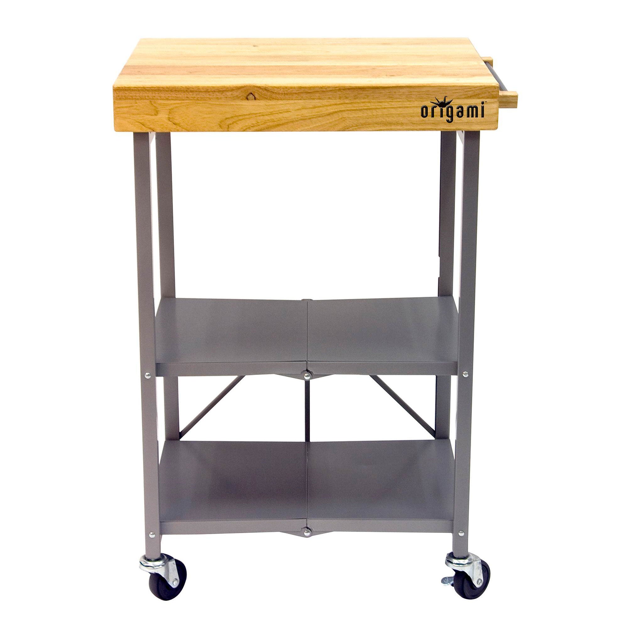 Origami Foldable Wheeled Portable Solid Wood Top Kitchen Island Bar Cart, Silver - Smart-nests