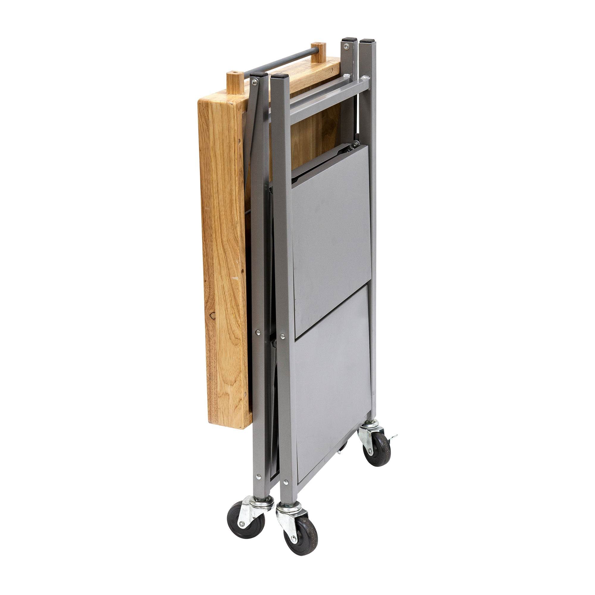 Origami Foldable Wheeled Portable Solid Wood Top Kitchen Island Bar Cart, Silver - Smart-nests