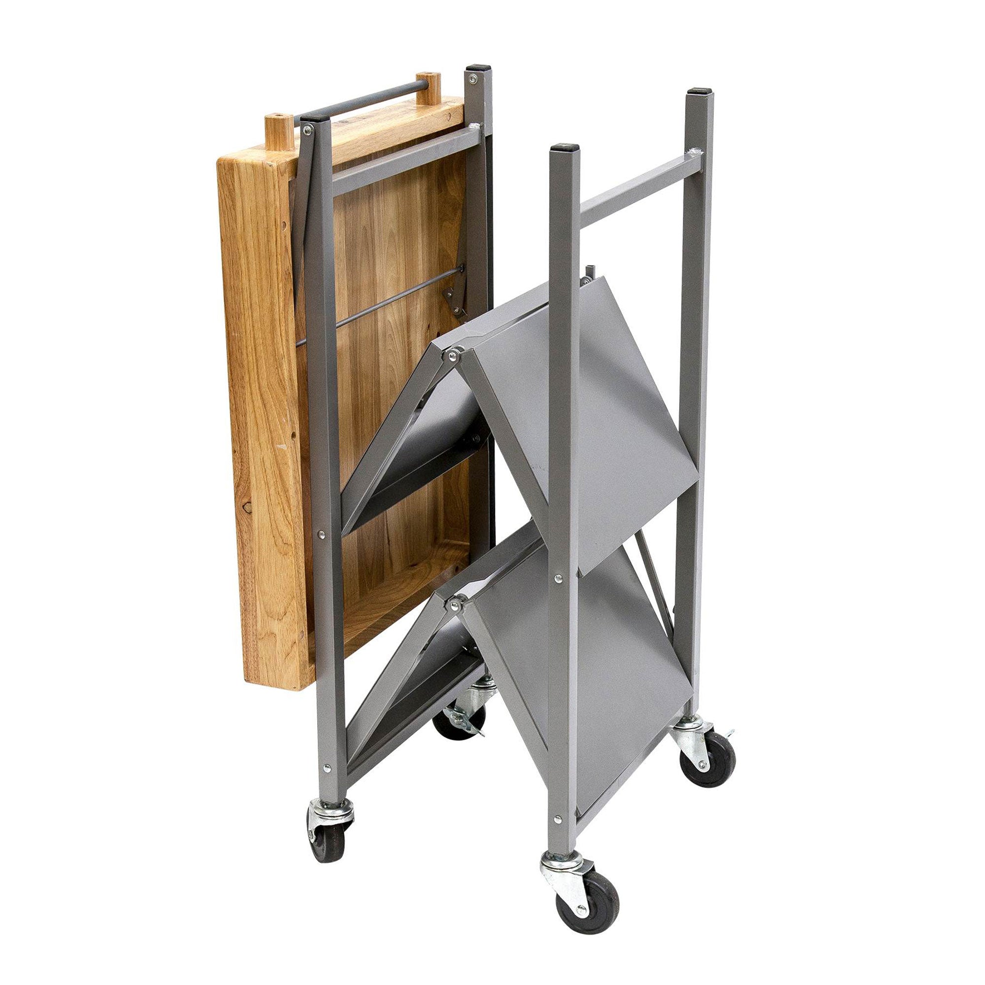 Origami Foldable Wheeled Portable Solid Wood Top Kitchen Island Bar Cart, Silver - Smart-nests