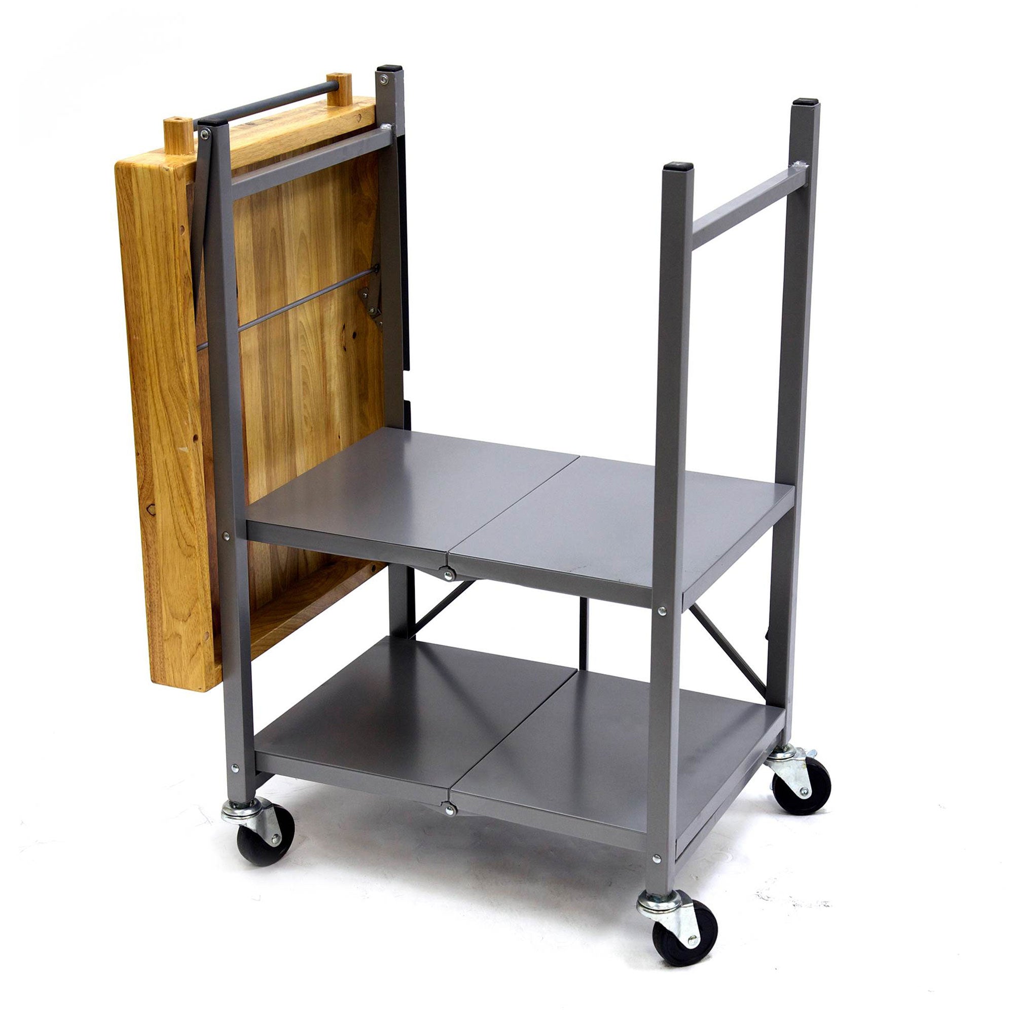 Origami Foldable Wheeled Portable Solid Wood Top Kitchen Island Bar Cart, Silver - Smart-nests