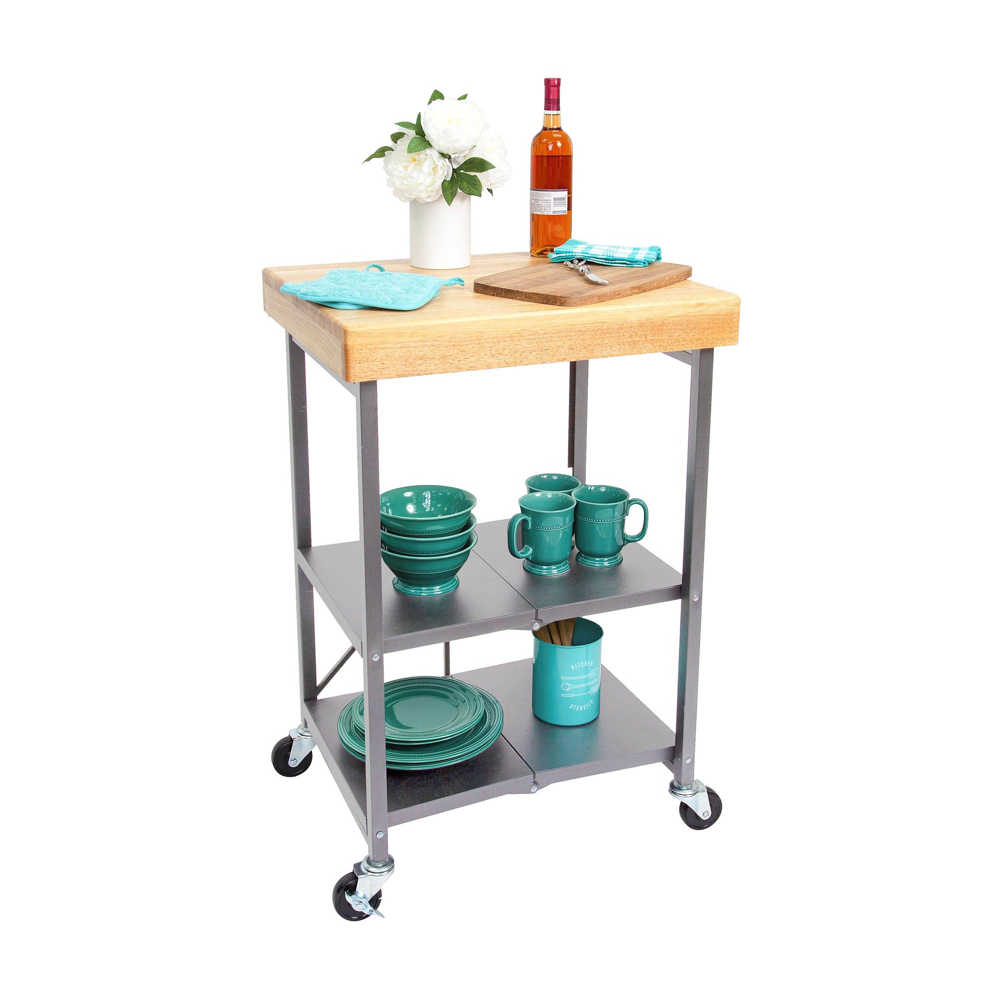 Origami Foldable Wheeled Portable Solid Wood Top Kitchen Island Bar Cart, Silver - Smart-nests