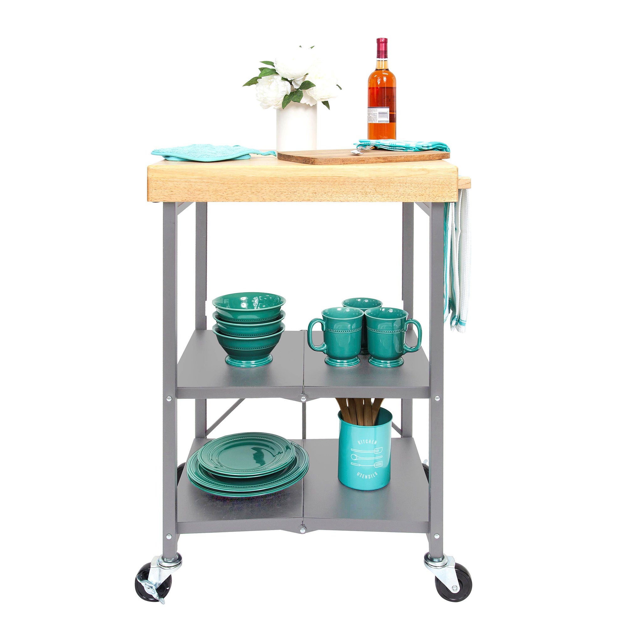 Origami Foldable Wheeled Portable Solid Wood Top Kitchen Island Bar Cart, Silver - Smart-nests