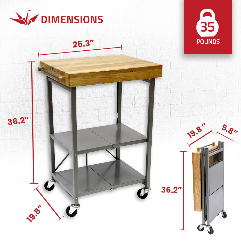 Origami Foldable Wheeled Portable Solid Wood Top Kitchen Island Bar Cart, Silver - Smart-nests