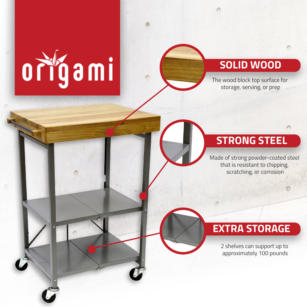 Origami Foldable Wheeled Portable Solid Wood Top Kitchen Island Bar Cart, Silver - Smart-nests