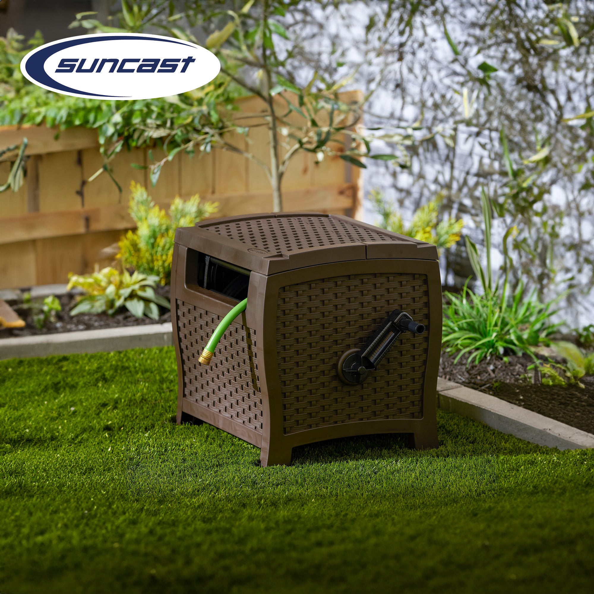 Suncast 175 Foot Slide Trak Outdoor Garden Water Hose Hideaway, Mocha (2 Pack) - Smart-nests