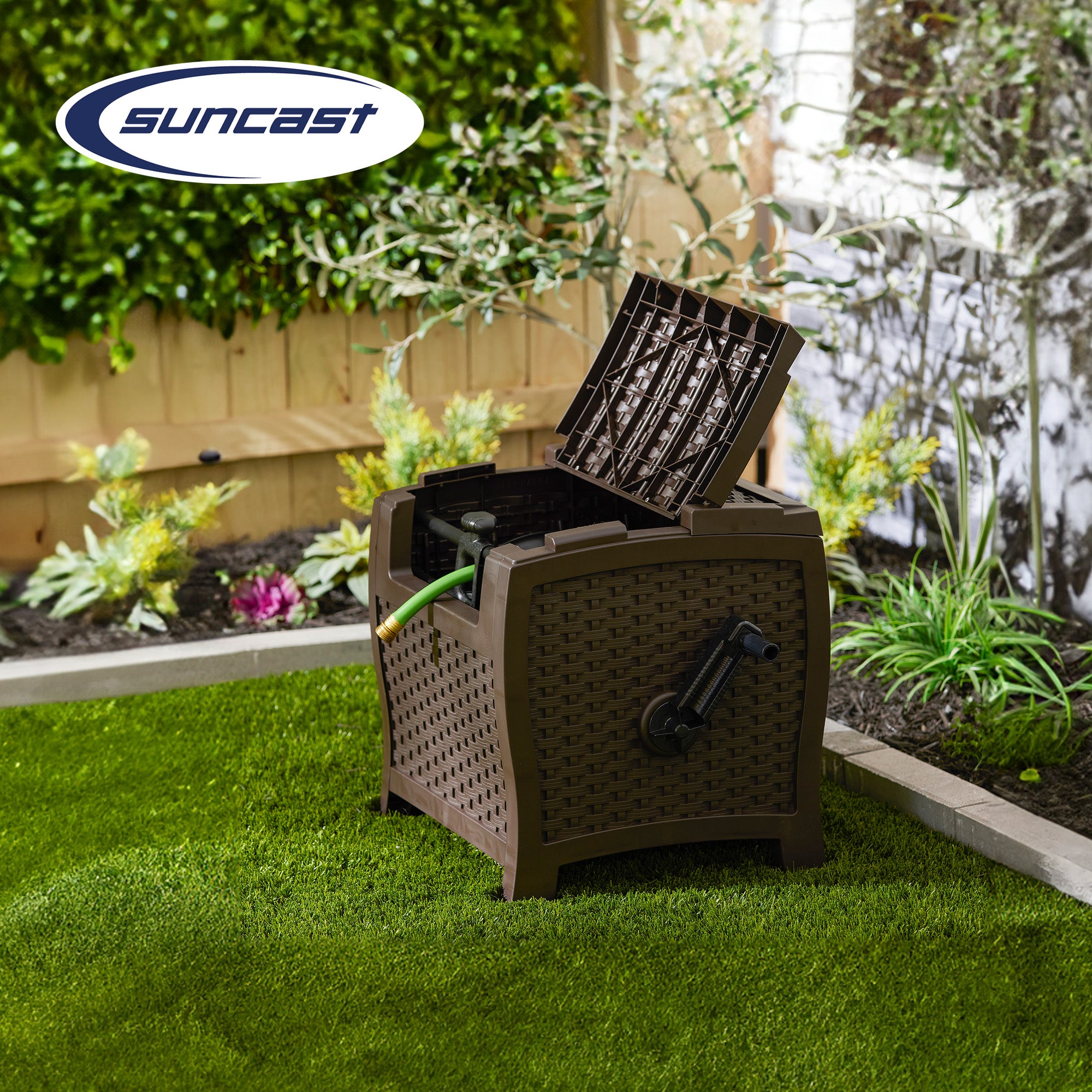Suncast 175 Foot Slide Trak Outdoor Garden Water Hose Hideaway, Mocha (2 Pack) - Smart-nests