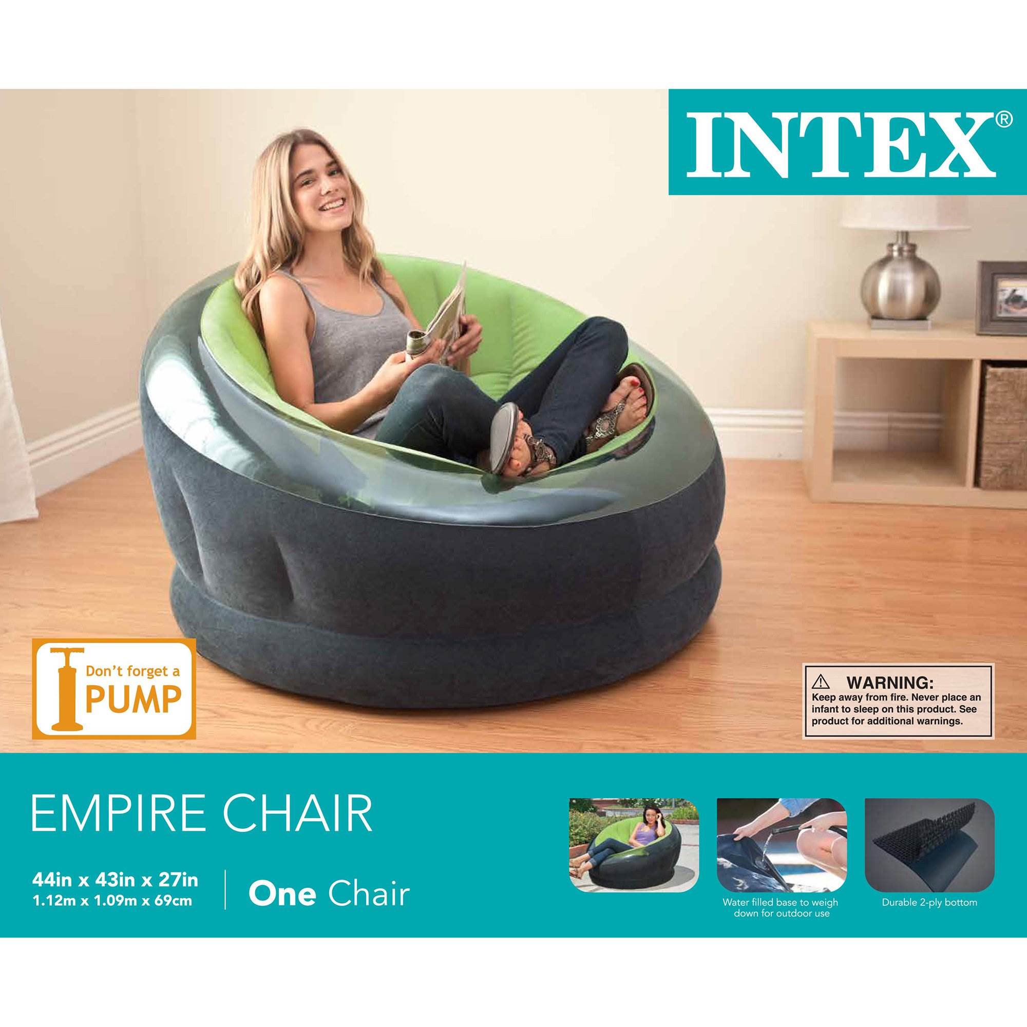 Intex Empire Inflatable Blow Up Lounge Dorm Camping Chair for Adults, Lime Green - Smart-nests