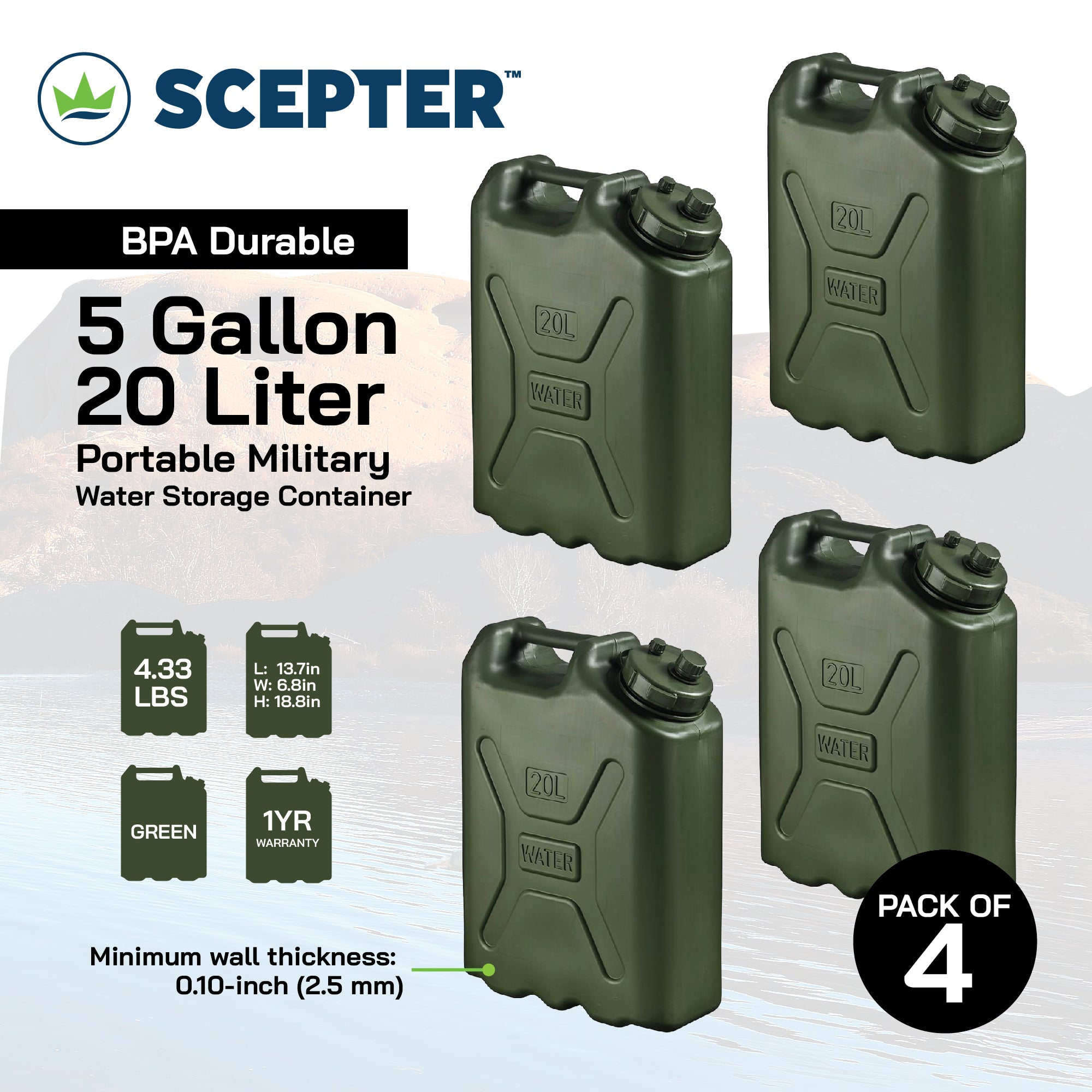 Scepter BPA Durable 5 Gallon 20 Liter Portable Water Storage Container (4 Pack) - Smart-nests