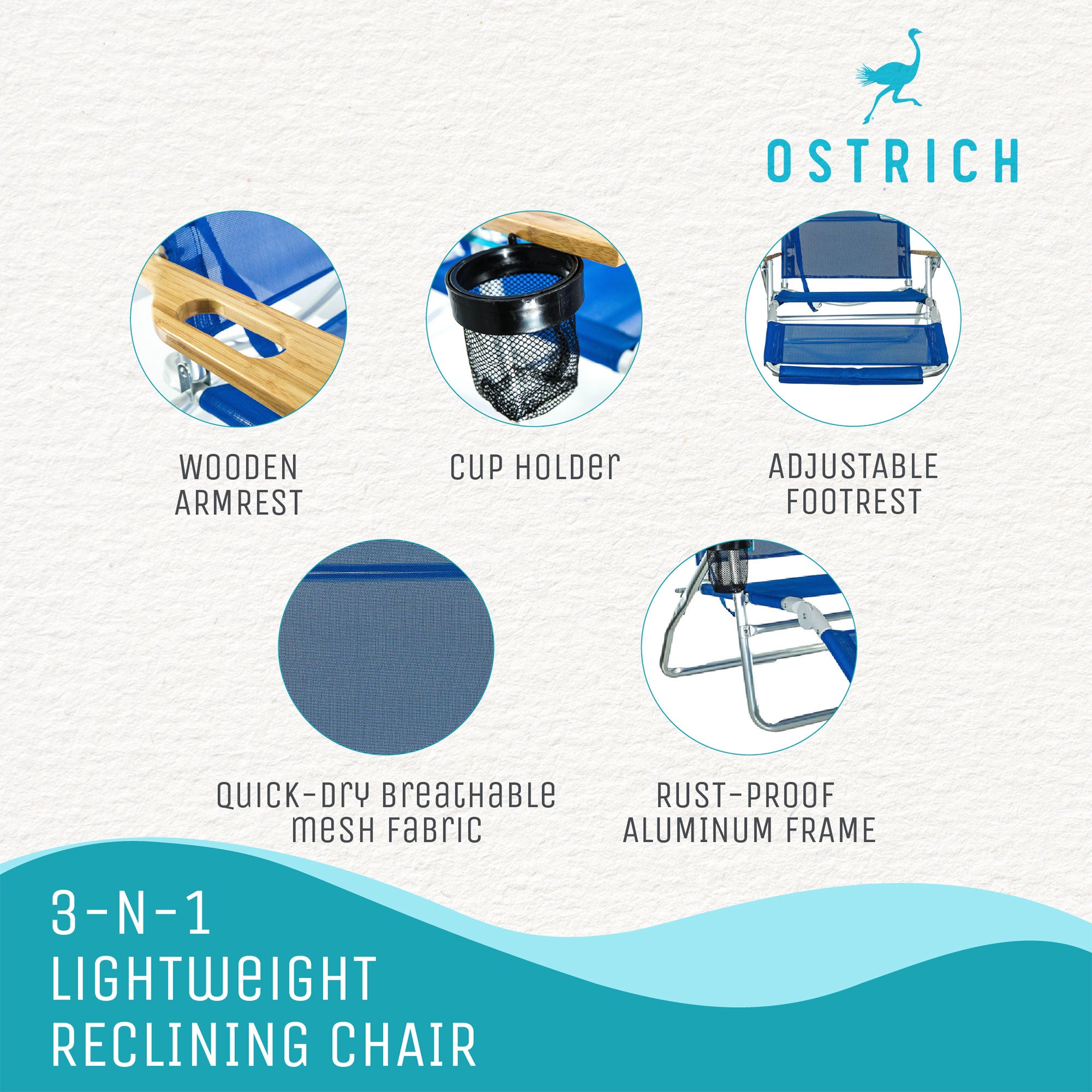 Ostrich Original 3N1 Lightweight Outdoor Beach Lounge Chair with Footrest, Blue - Smart-nests