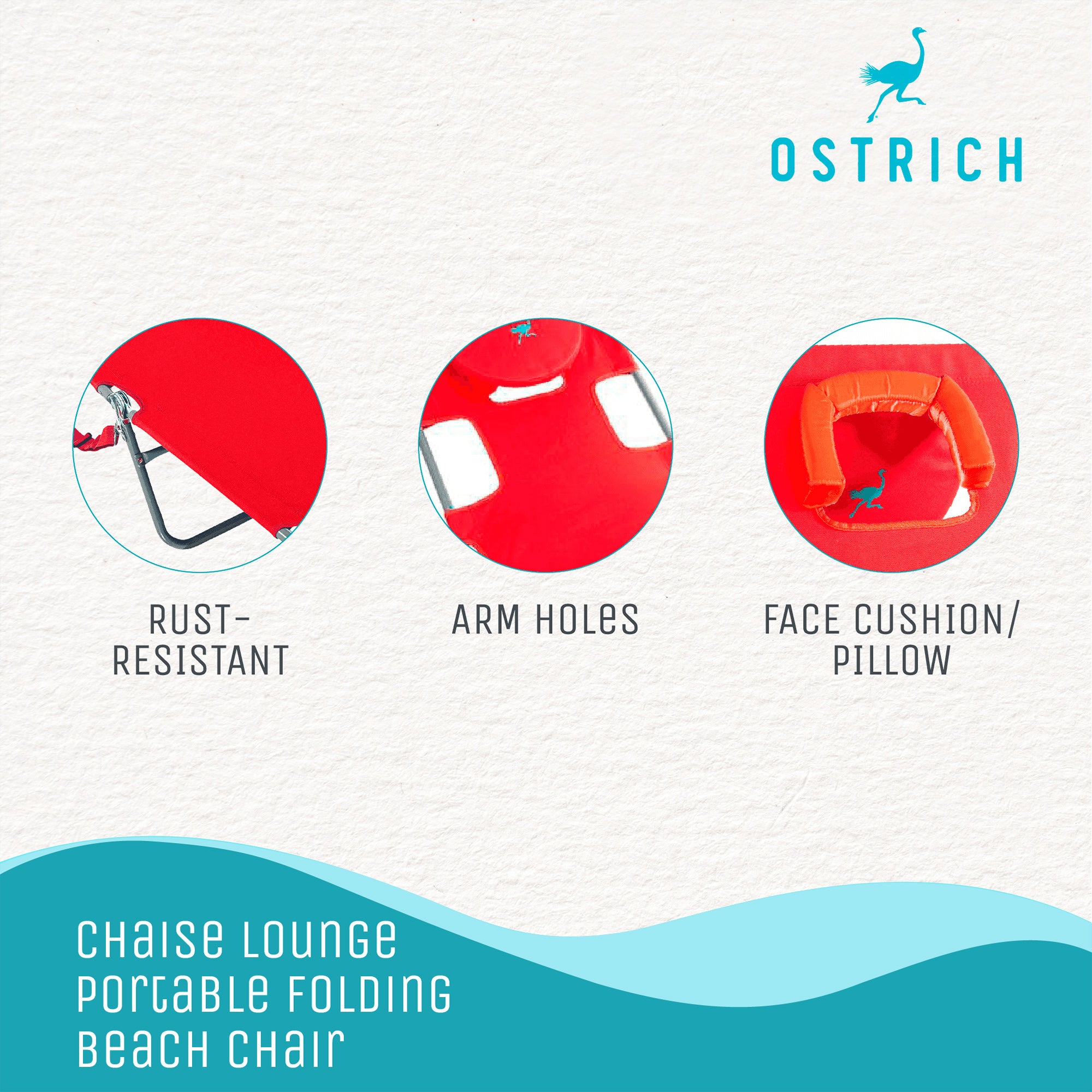 Ostrich Chaise Lounge, Facedown Beach Camping Pool Tanning Chair, Red (Open Box) - Smart-nests