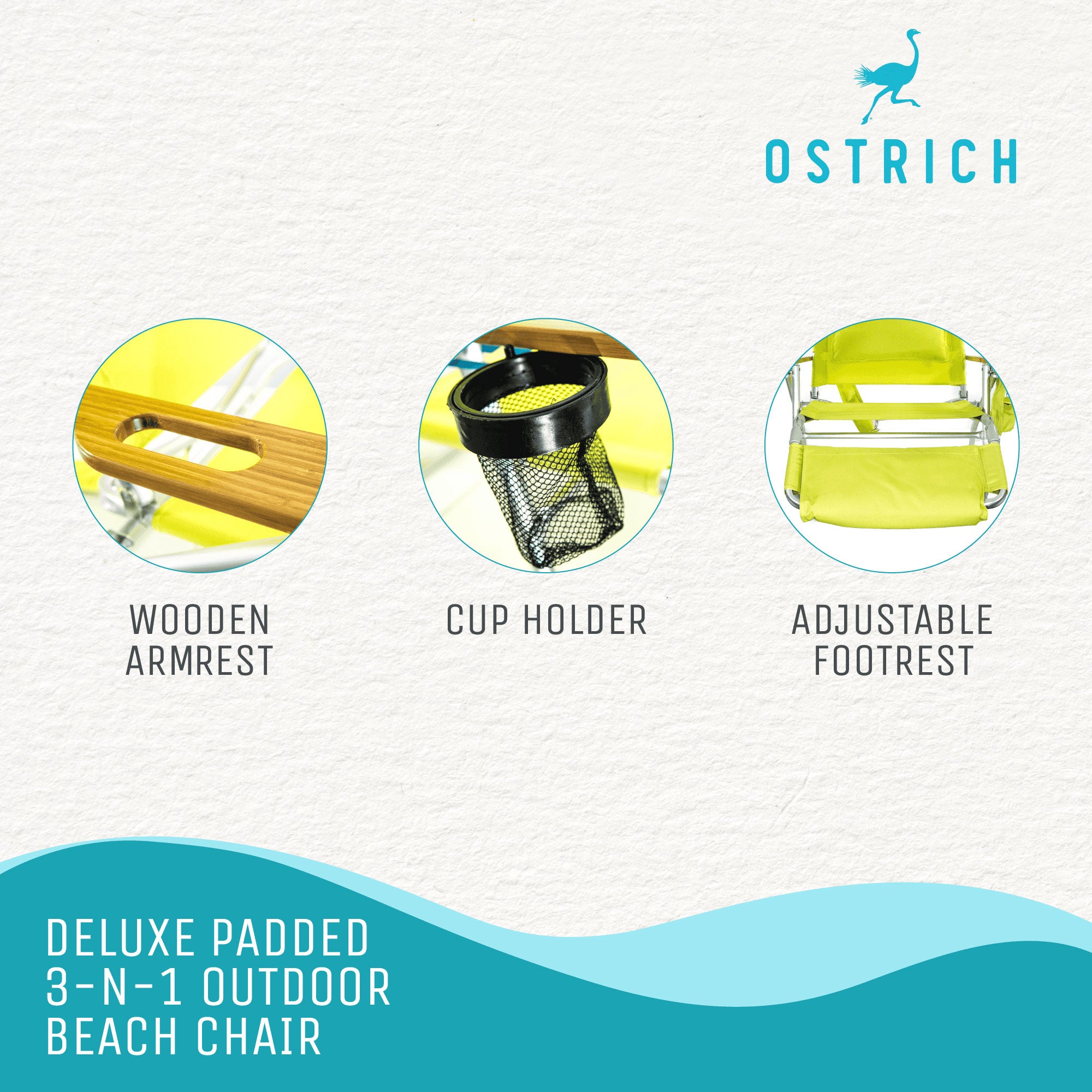 Ostrich Deluxe 3N1 Outdoor Lawn Beach Lounge Chair with Footrest, Lime Green - Smart-nests
