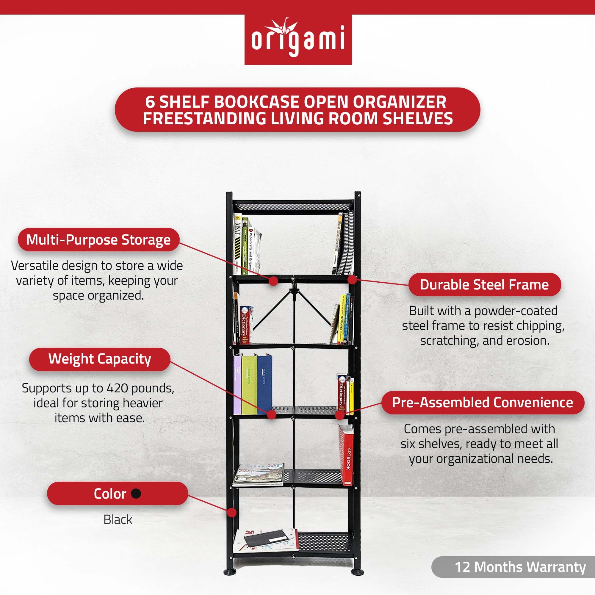 Origami 6 Shelf Bookcase Open Organizer Freestanding Living Room Shelves, Black - Smart-nests