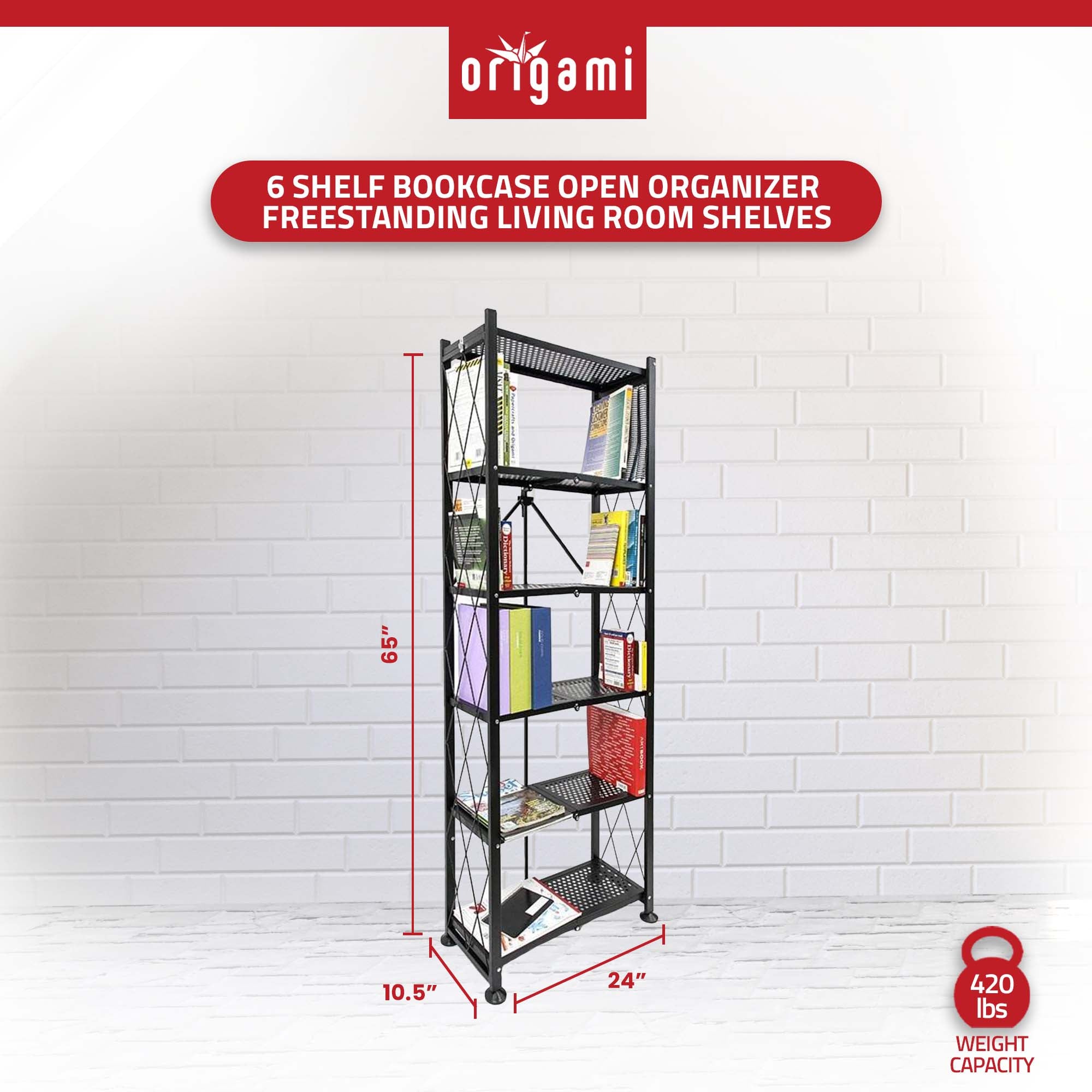 Origami 6 Shelf Bookcase Open Organizer Freestanding Living Room Shelves, Black - Smart-nests