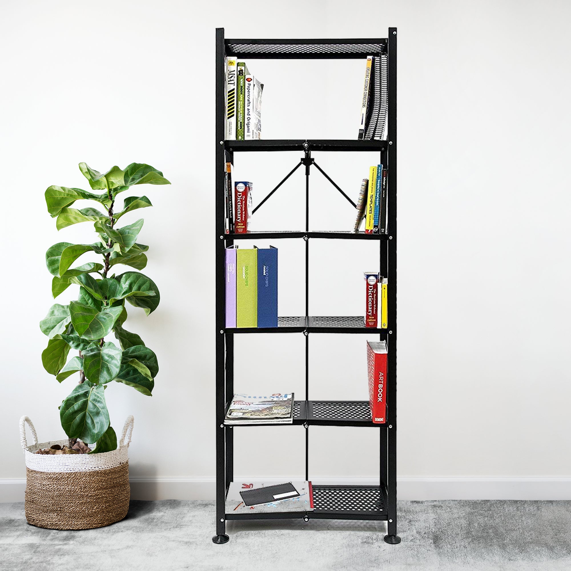 Origami 6 Shelf Bookcase Open Organizer Freestanding Living Room Shelves, Black - Smart-nests