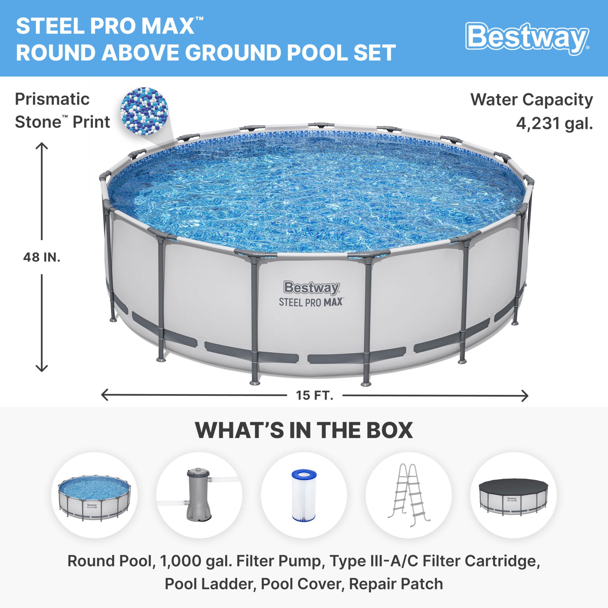 Bestway Steel Pro MAX 15 Foot by 48 Inches Round Above Ground Swimming Pool - Smart-nests