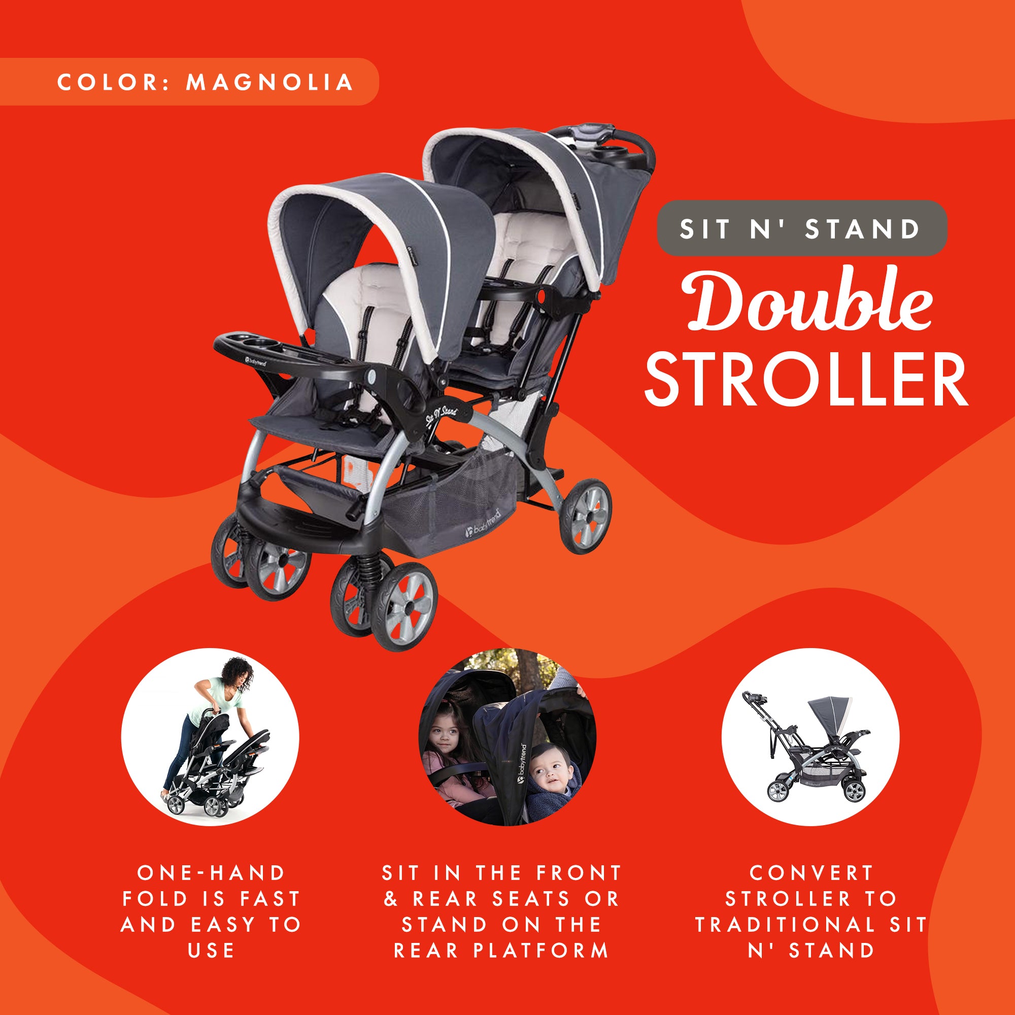 Baby Trend Sit N' Stand Easy Fold Travel Toddler/Baby Double Stroller, Magnolia - Smart-nests