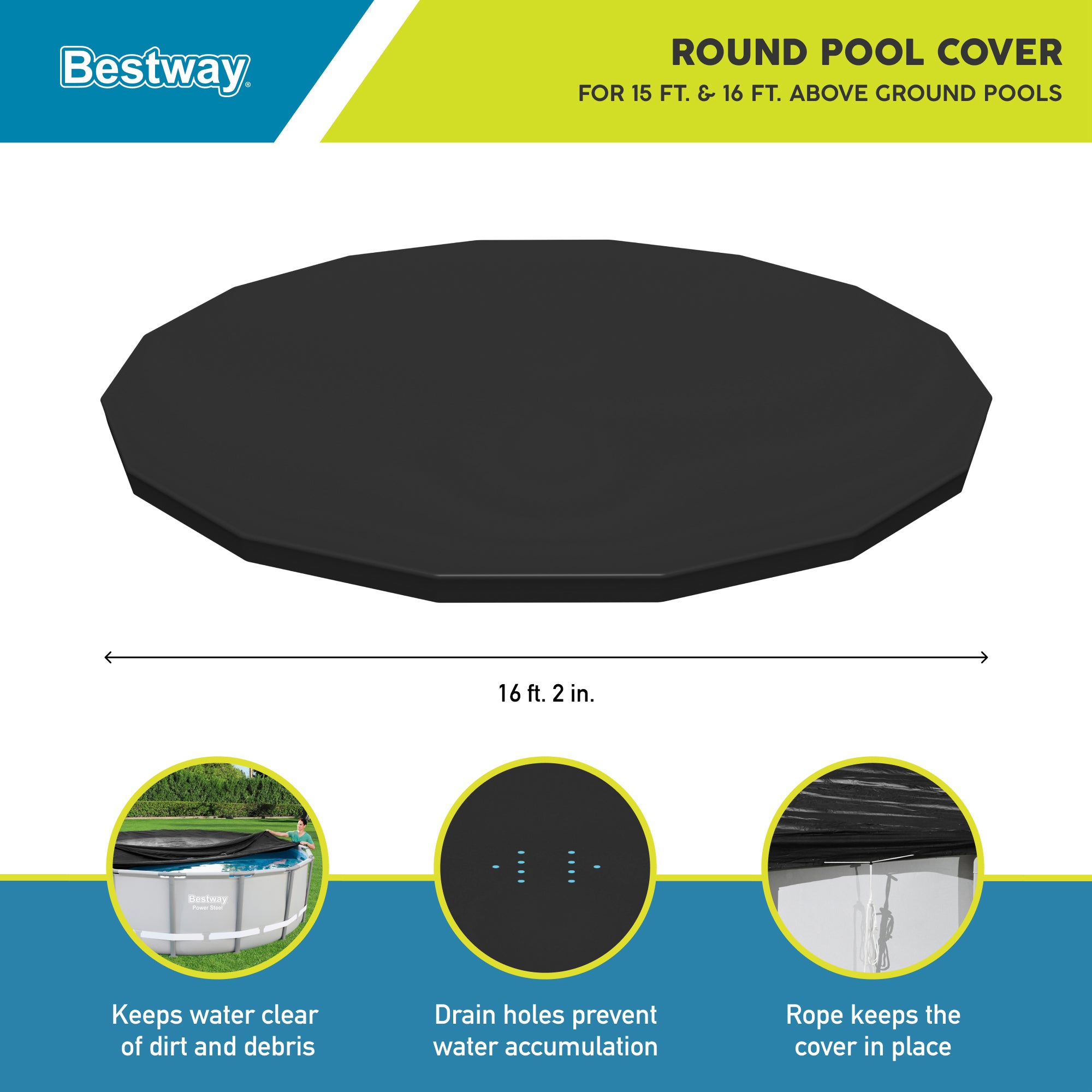 Bestway Round PVC 16' Pool Cover for Above Ground Pro Frame Pools (Cover Only) - Smart-nests