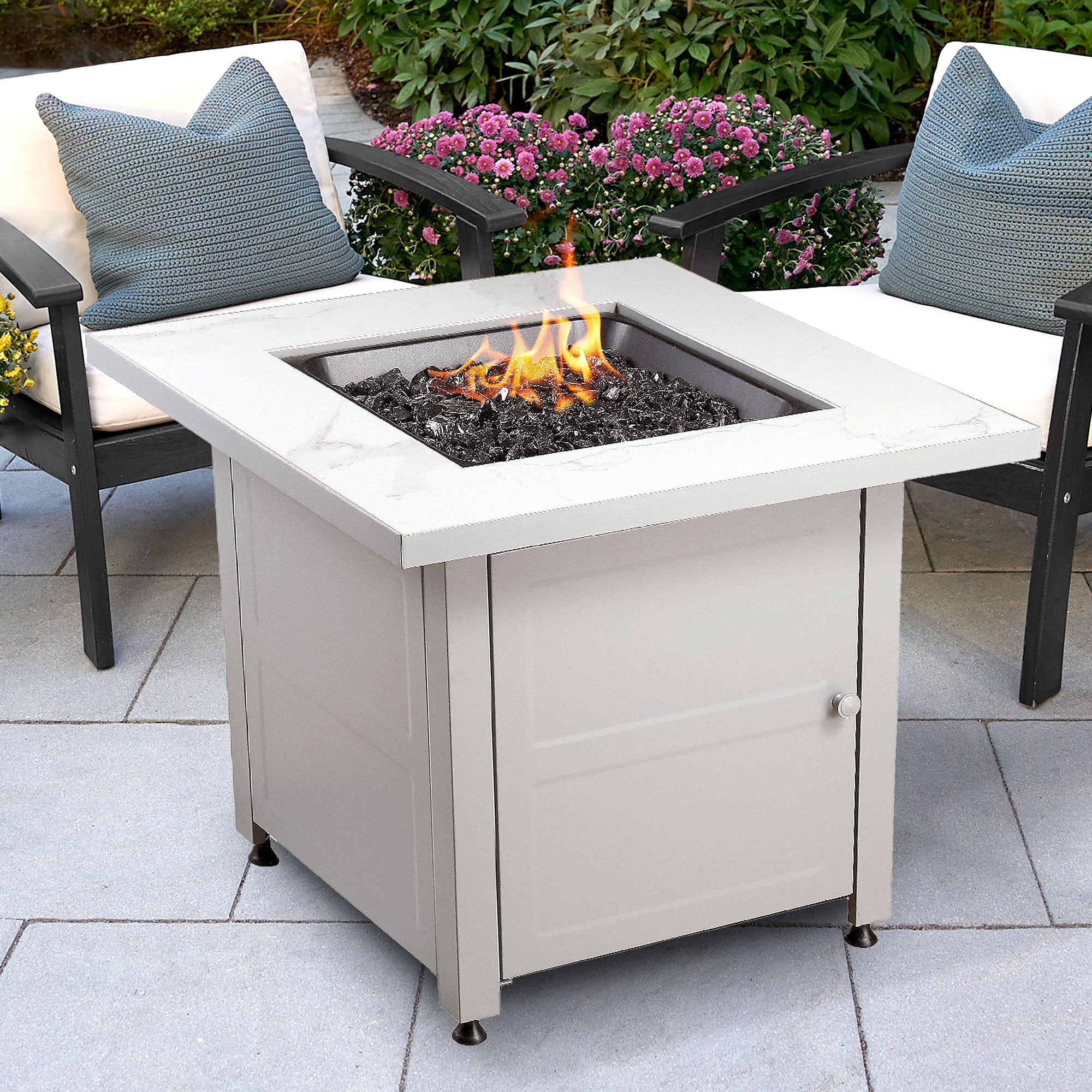 Endless Summer Outdoor Fire Pit Table with Faux Marble Finish, Black Glass - Smart-nests