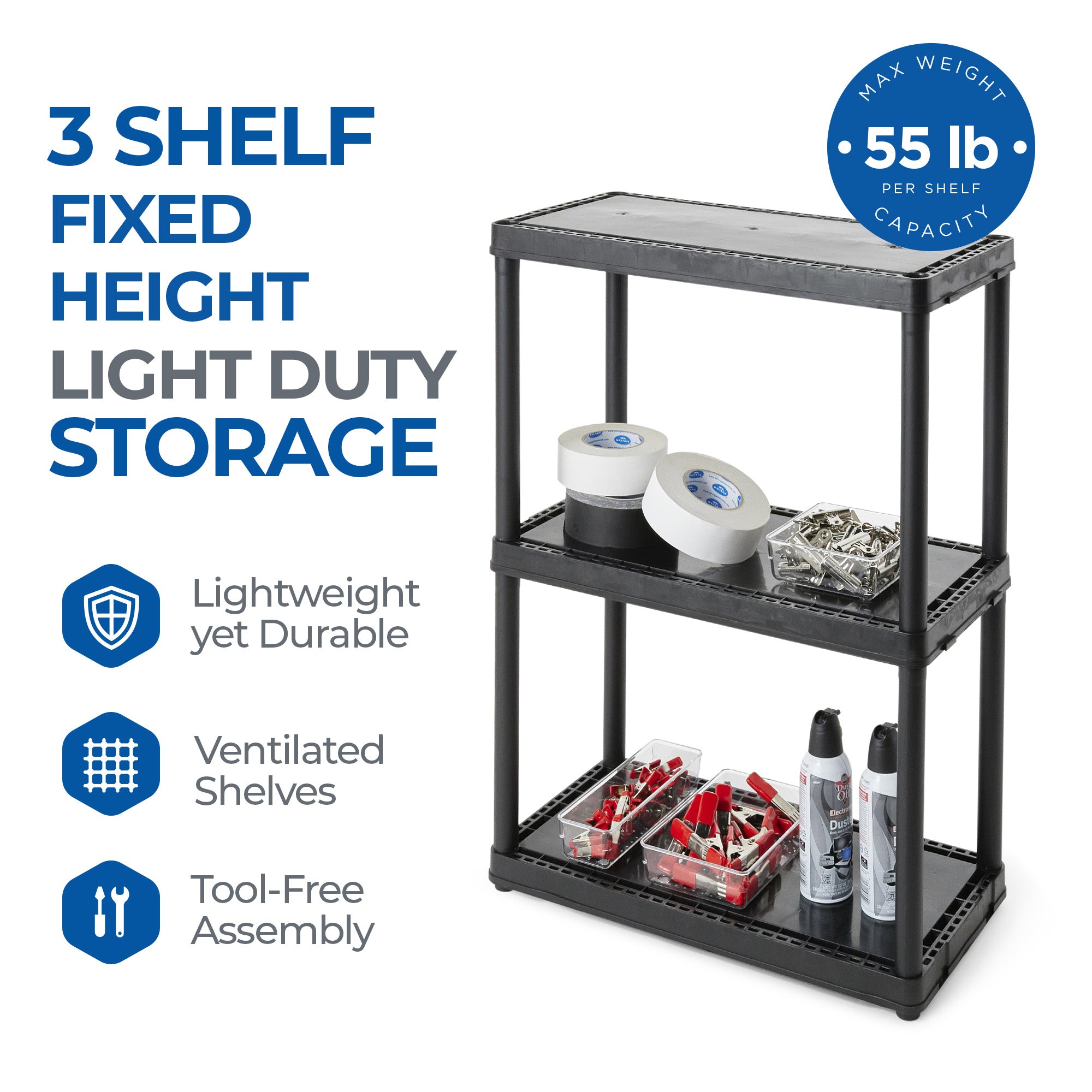 Gracious Living 3 Shelf Fixed Height Solid Light Duty Home Storage Unit, Black - Smart-nests