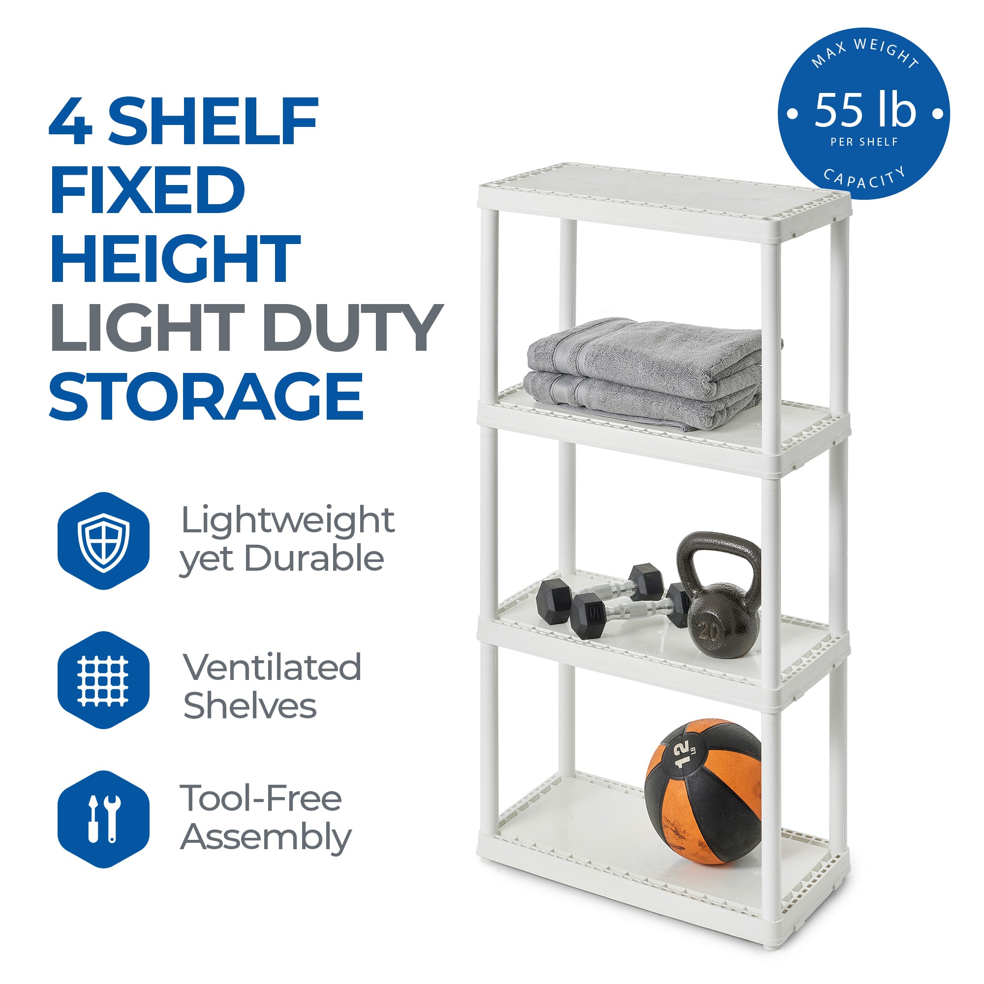 Gracious Living 4 Shelf Fixed Height Solid Light Duty Home Storage Unit, White - Smart-nests