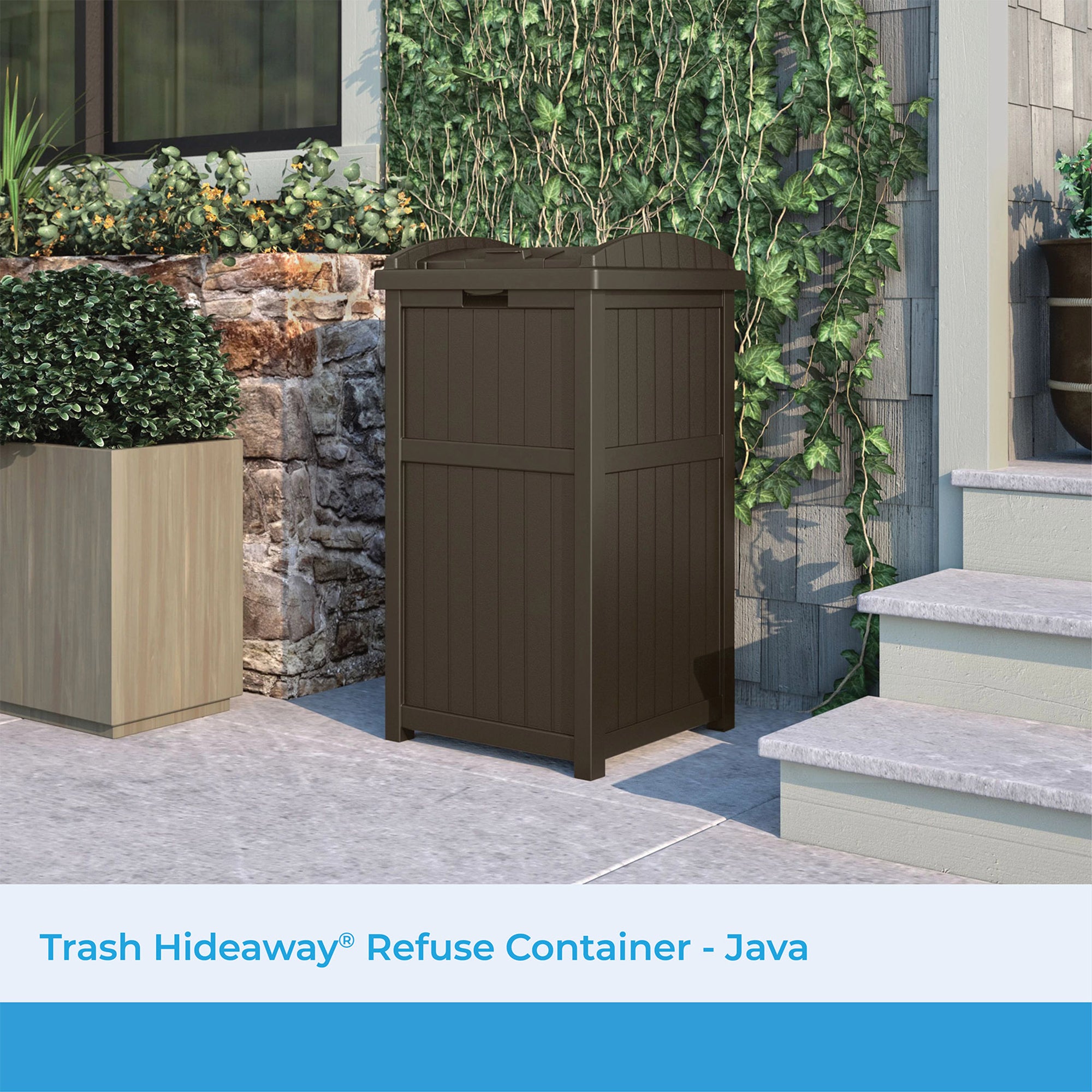 Suncast 33 Gal Hideaway Outdoor Backyard Garbage Can with Secure Lid, Java Brown - Smart-nests