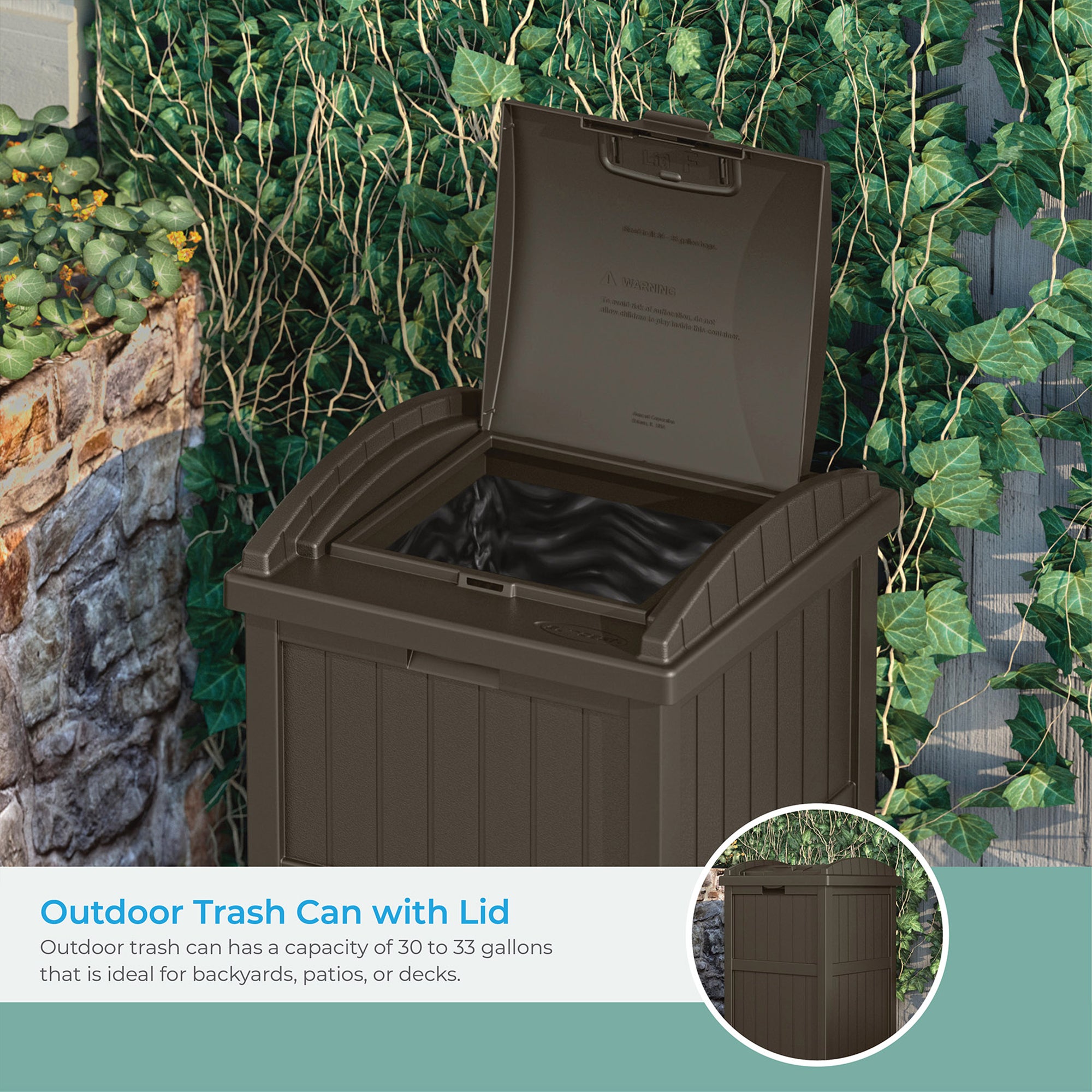 Suncast 33 Gal Hideaway Outdoor Backyard Garbage Can with Secure Lid, Java Brown - Smart-nests