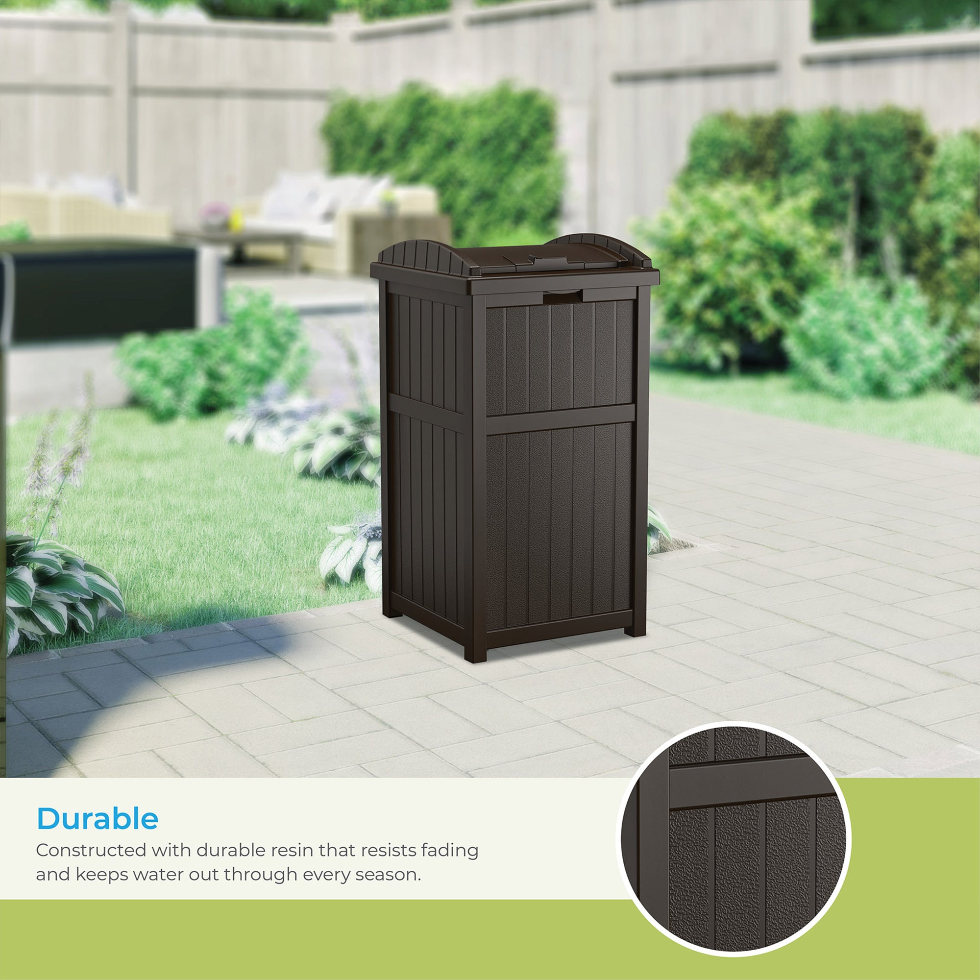 Suncast 33 Gal Hideaway Outdoor Backyard Garbage Can with Secure Lid, Java Brown - Smart-nests