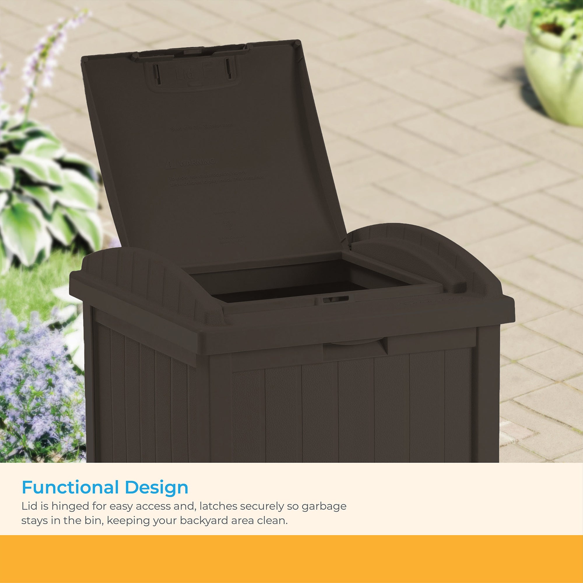 Suncast 33 Gal Hideaway Outdoor Backyard Garbage Can with Secure Lid, Java Brown - Smart-nests
