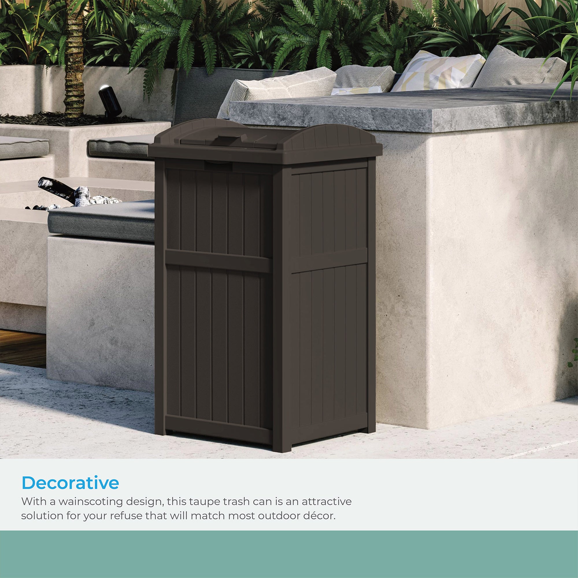 Suncast 33 Gal Hideaway Outdoor Backyard Garbage Can with Secure Lid, Java Brown - Smart-nests