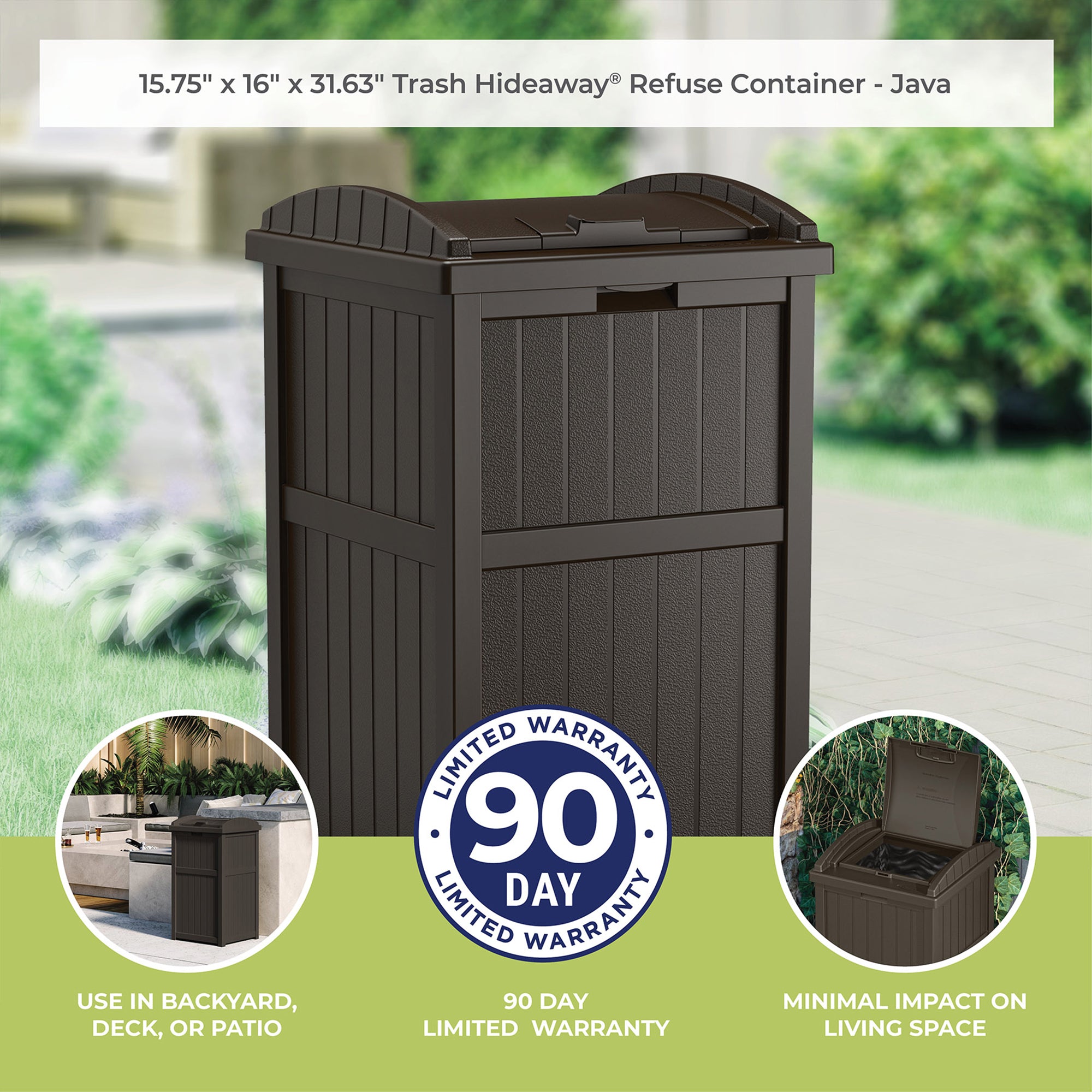 Suncast 33 Gal Hideaway Outdoor Backyard Garbage Can with Secure Lid, Java Brown - Smart-nests