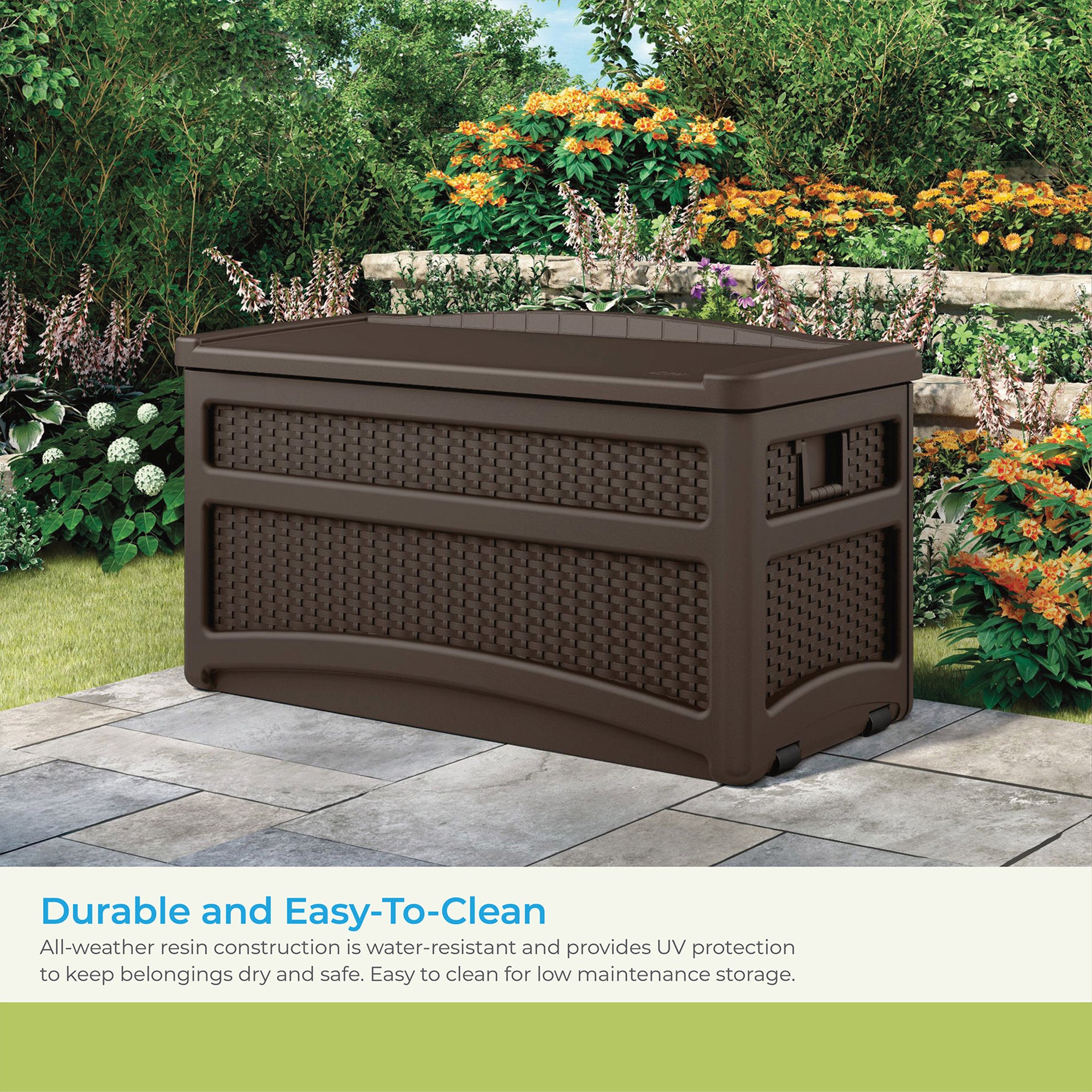 Suncast DBW7500 73 Gallon Outdoor Patio Storage Chest with Handles & Seat, Java - Smart-nests